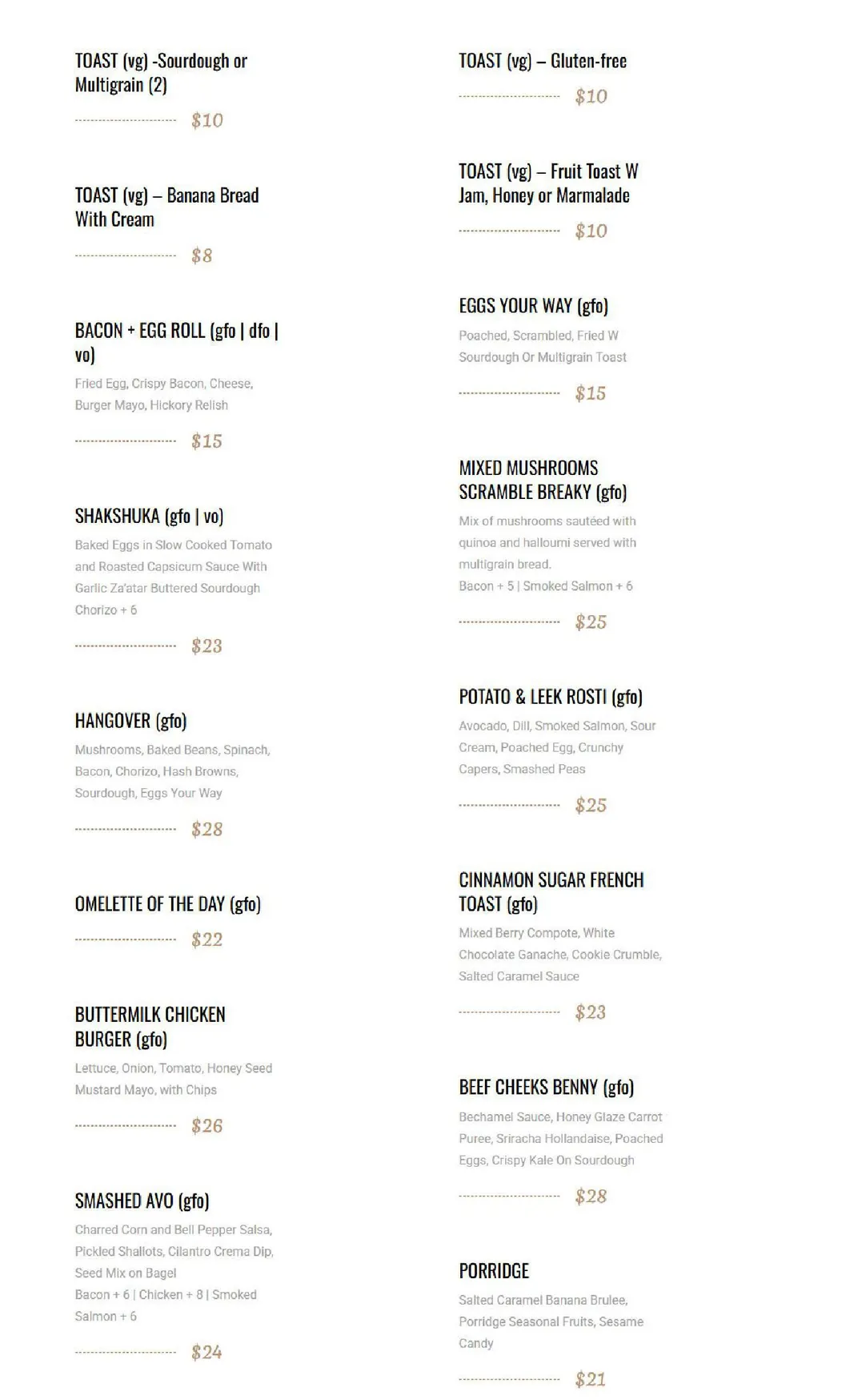 High Society menu, page 1
