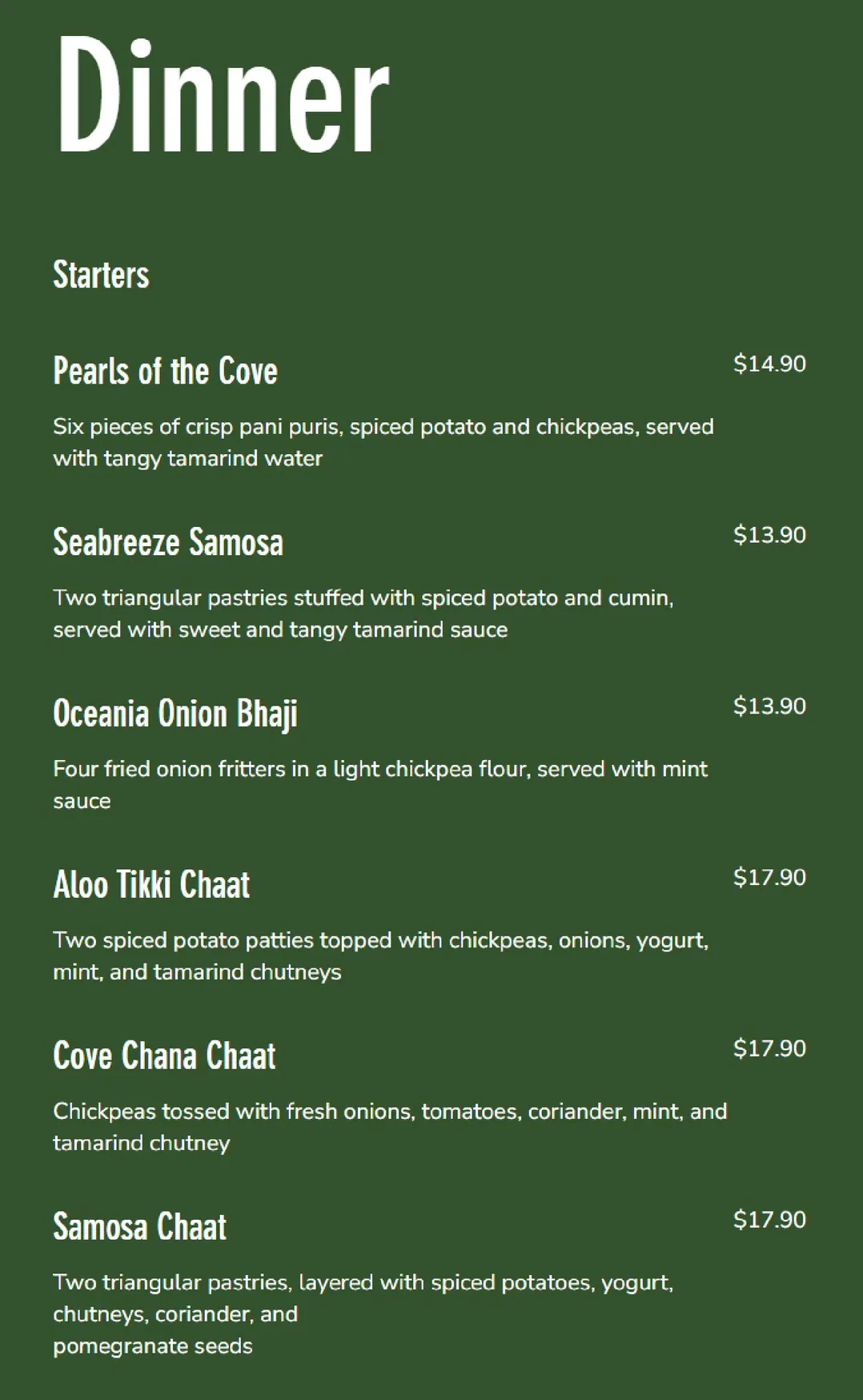 Masala Cove menu, page 1