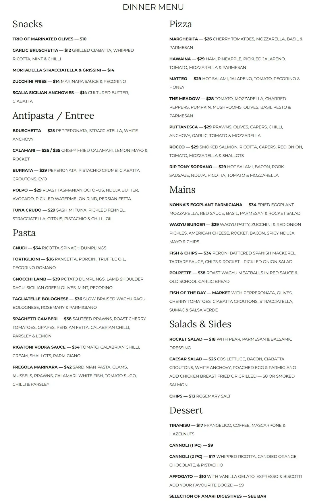Perrotta's at the Gallery menu, page 1