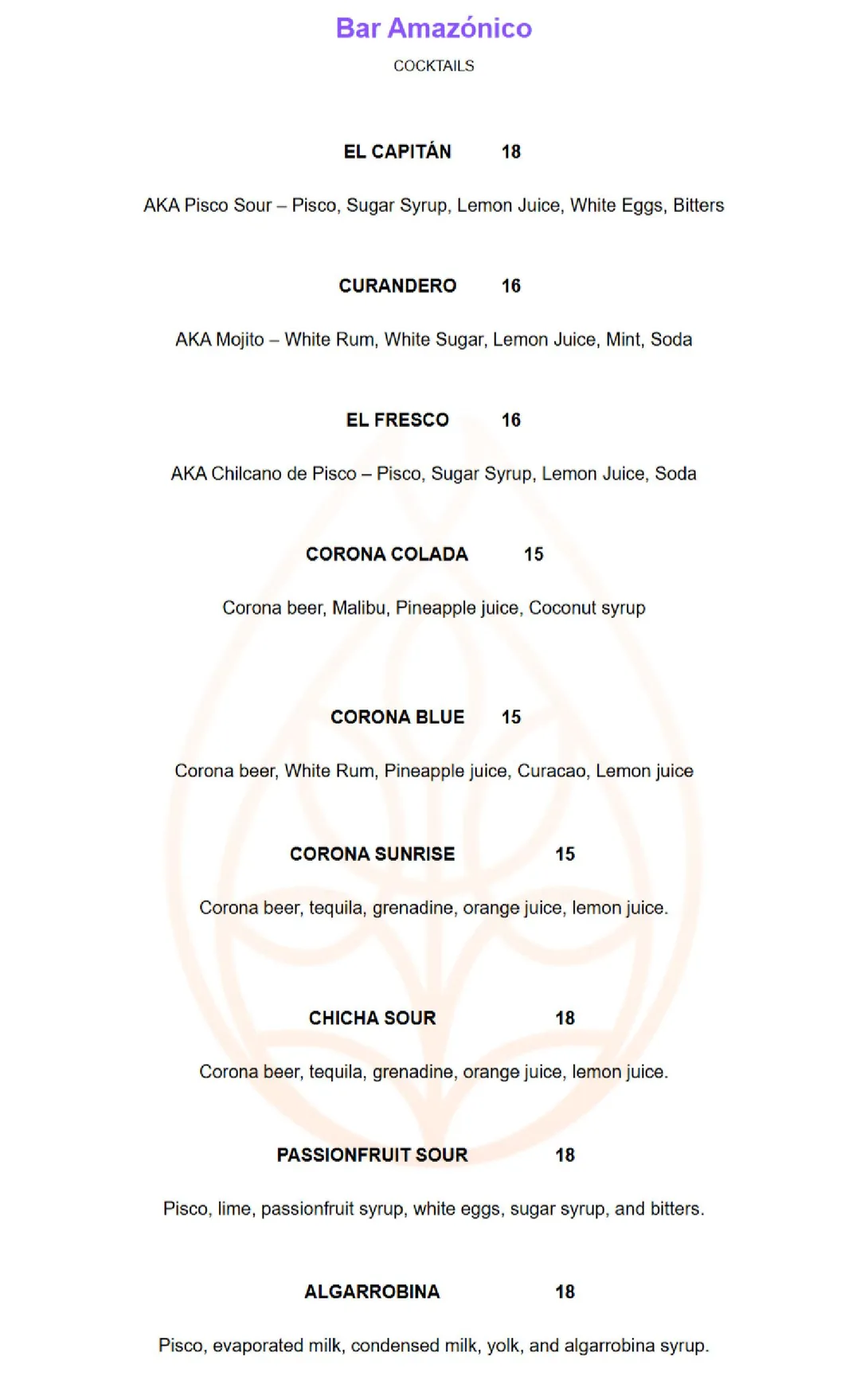Ayahuasca Restaurant menu, page 1