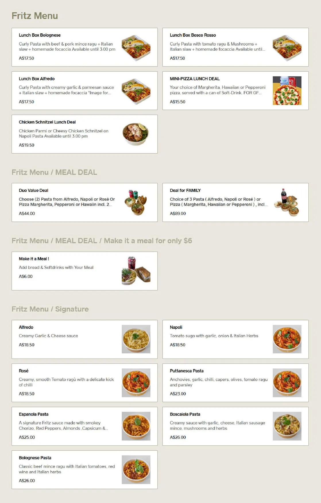 Fritz Pasta menu, page 1