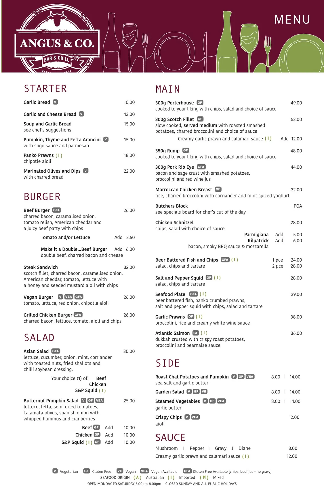 Angus & Co. menu, page 1