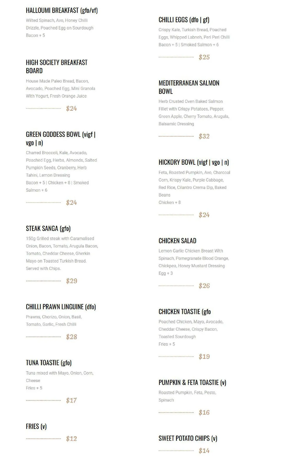 High Society menu, page 2