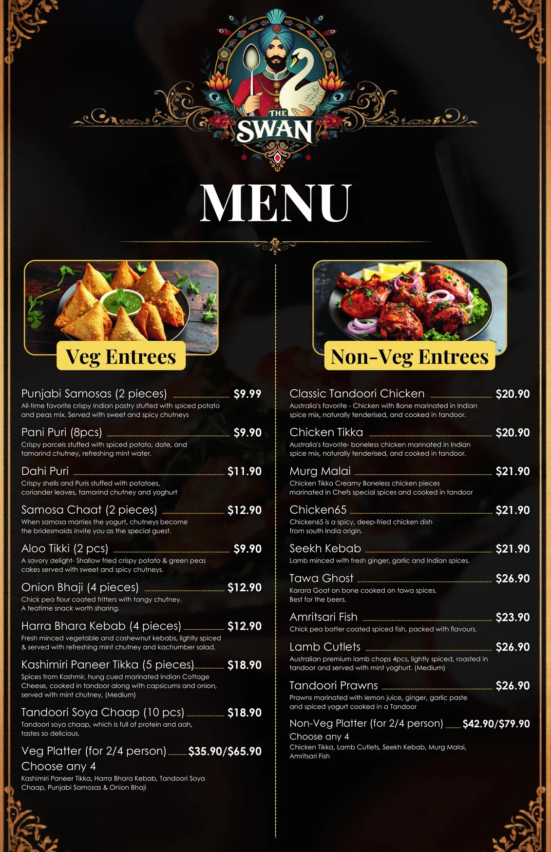 The Swans Restaurant & Function House menu, page 1