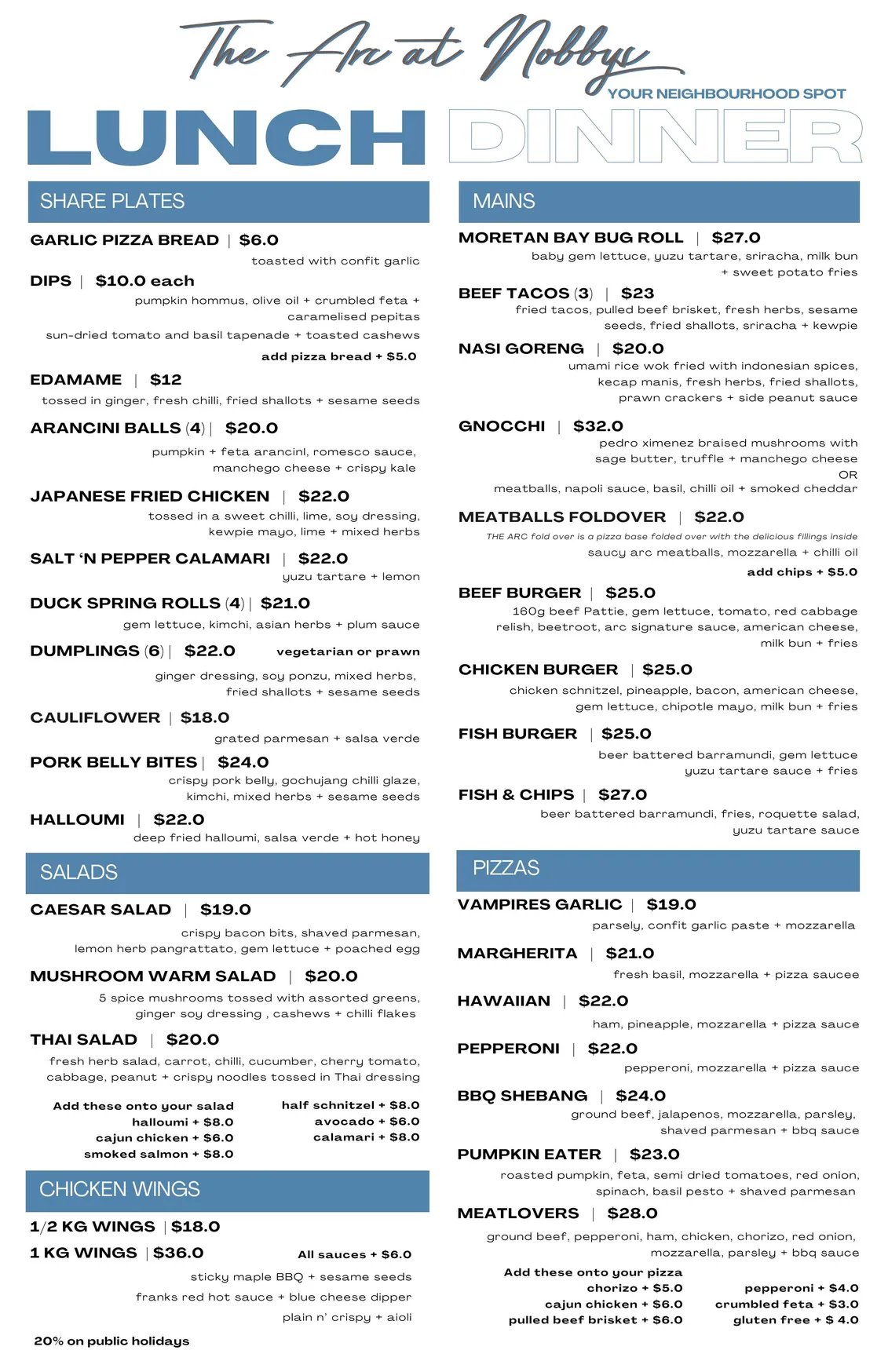 The Arc at Nobbys menu, page 1