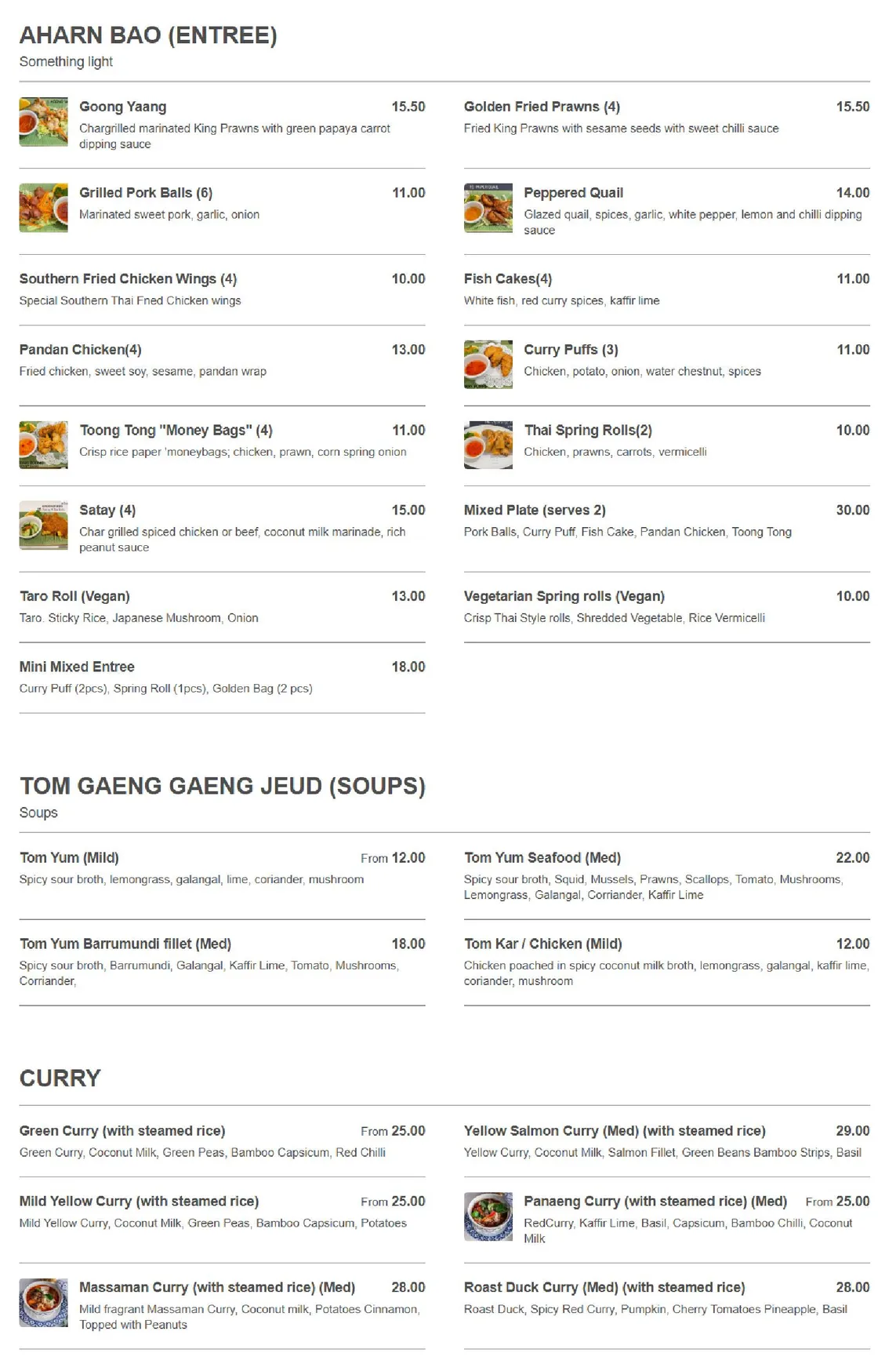 Aharn Thai Restaurant menu, page 1