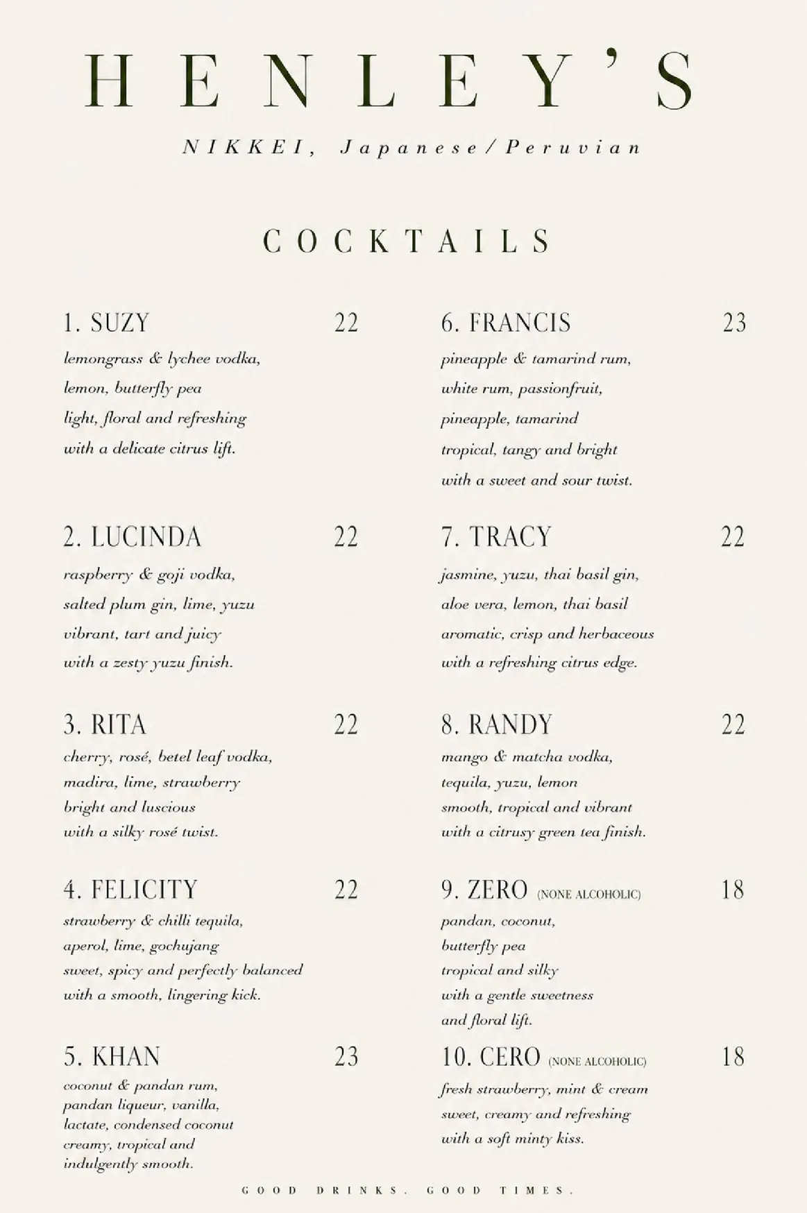 Henley's Nikkei menu, page 2