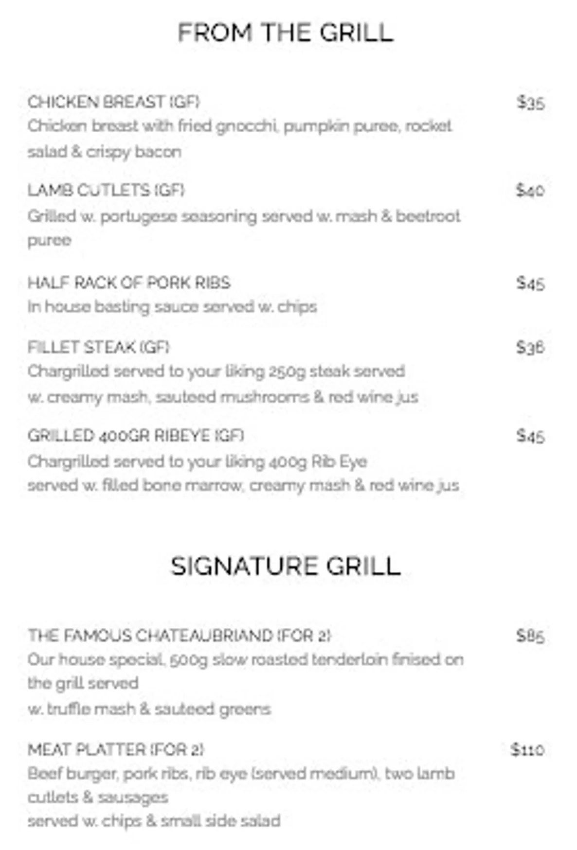 Whitewater menu, page 1