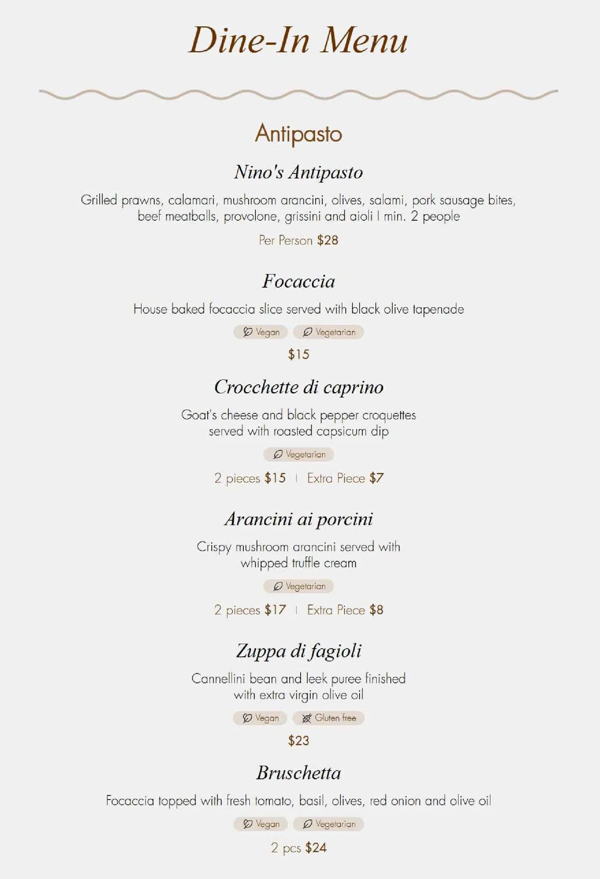Geppetto Trattoria menu, page 1