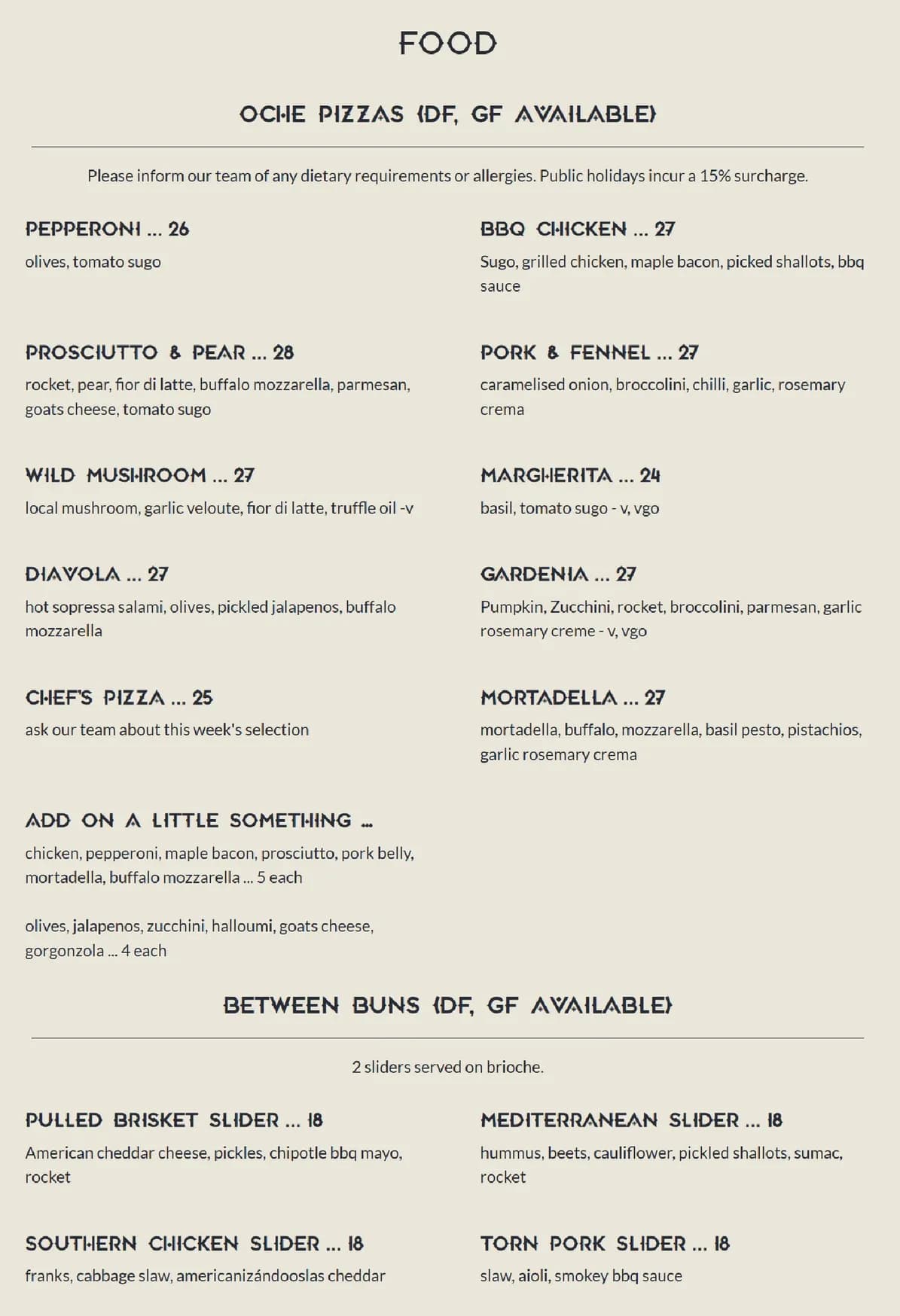 Oche Melbourne menu, page 1