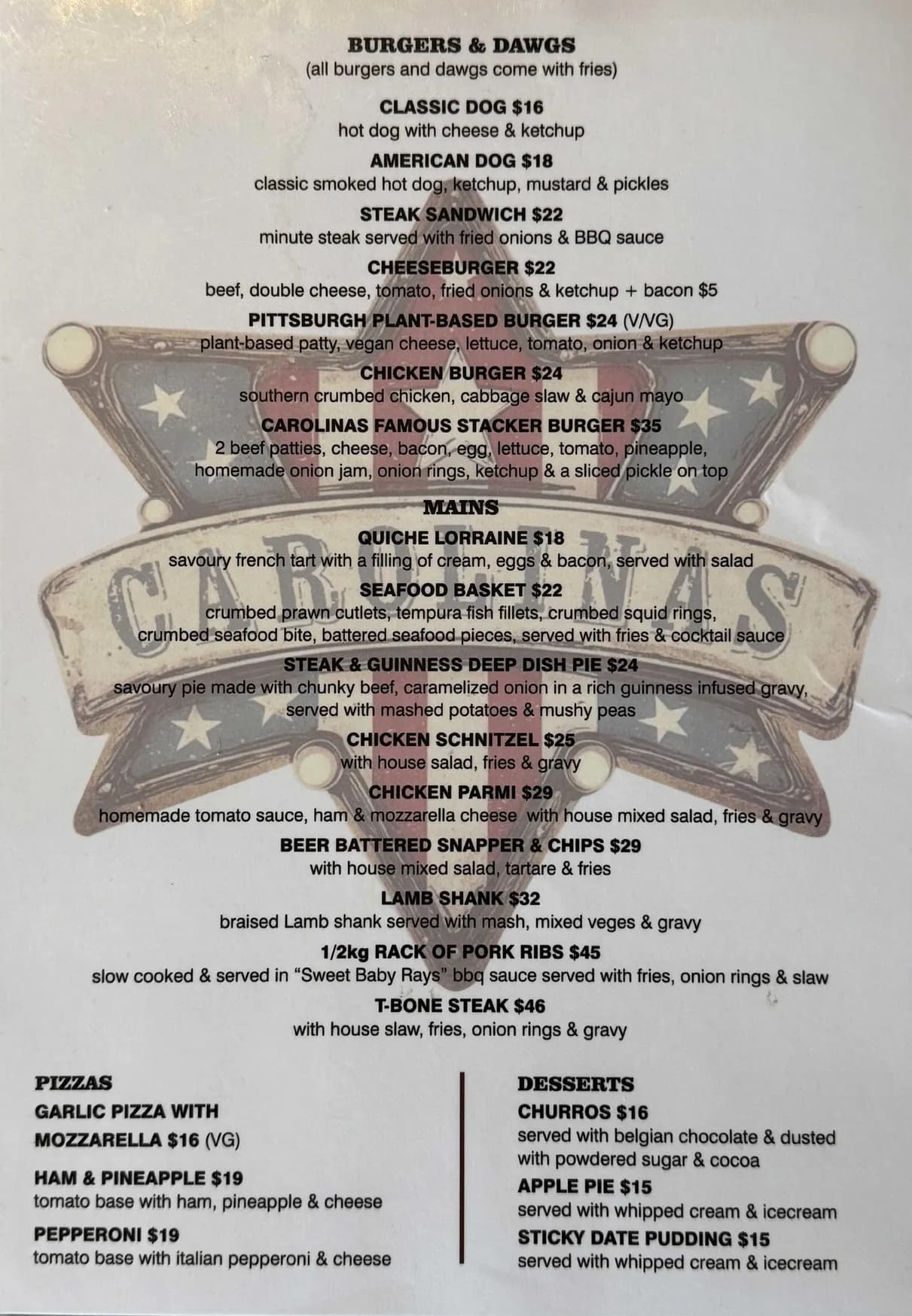 Carolina's Bar And Grill menu, page 1