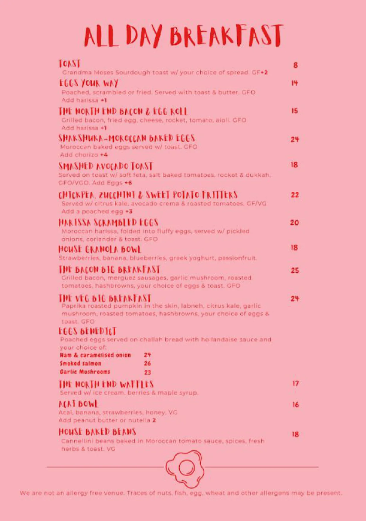 The North End Cafe menu, page 1