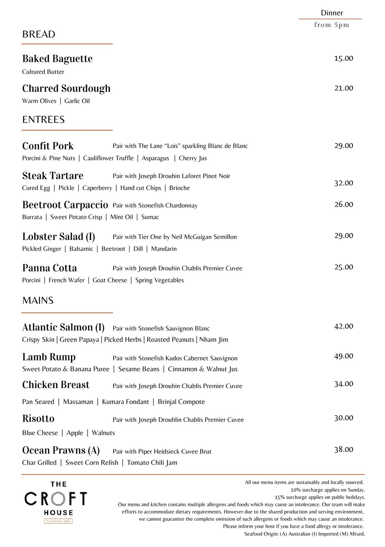The Croft House menu, page 3