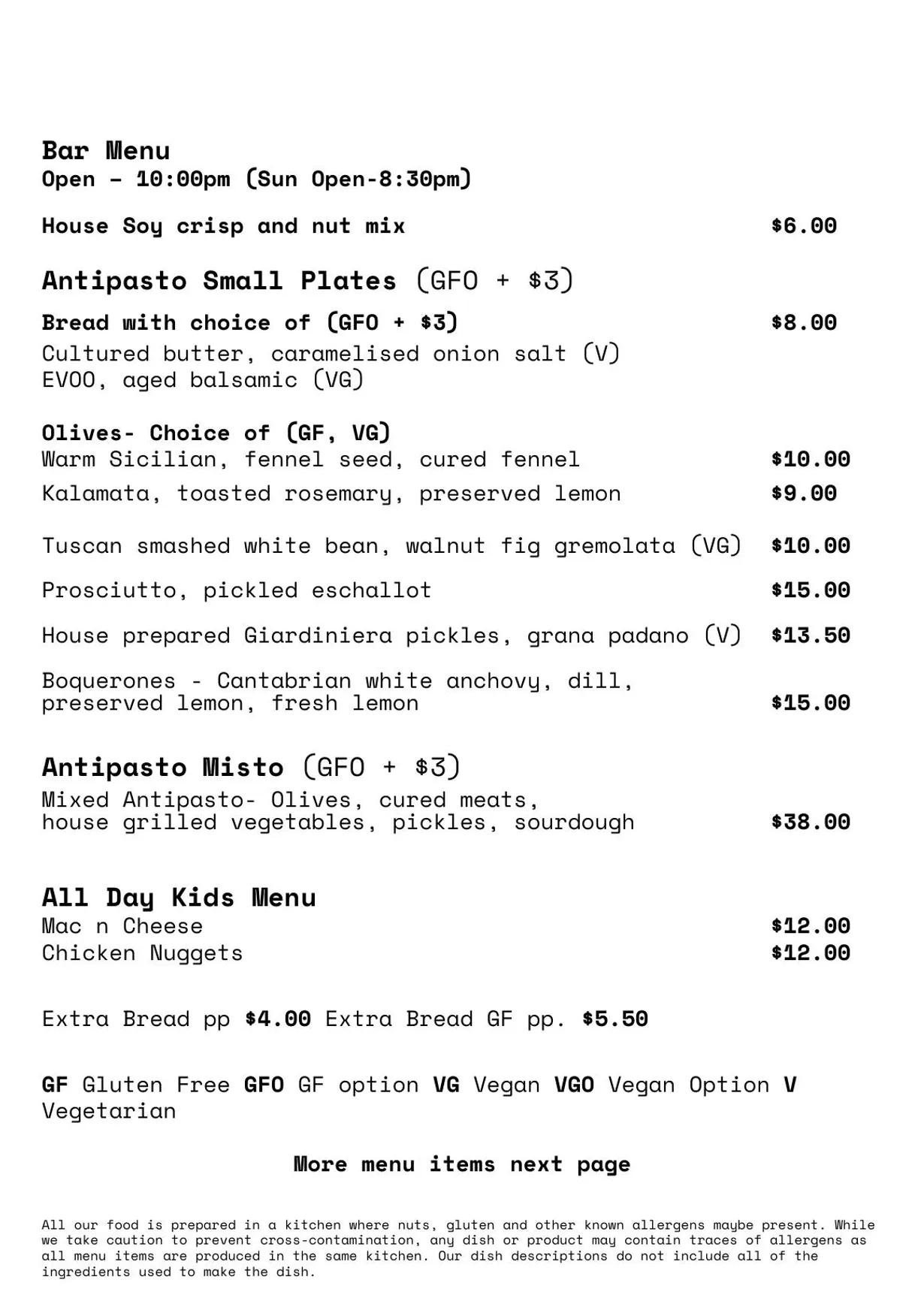 We Three menu, page 1