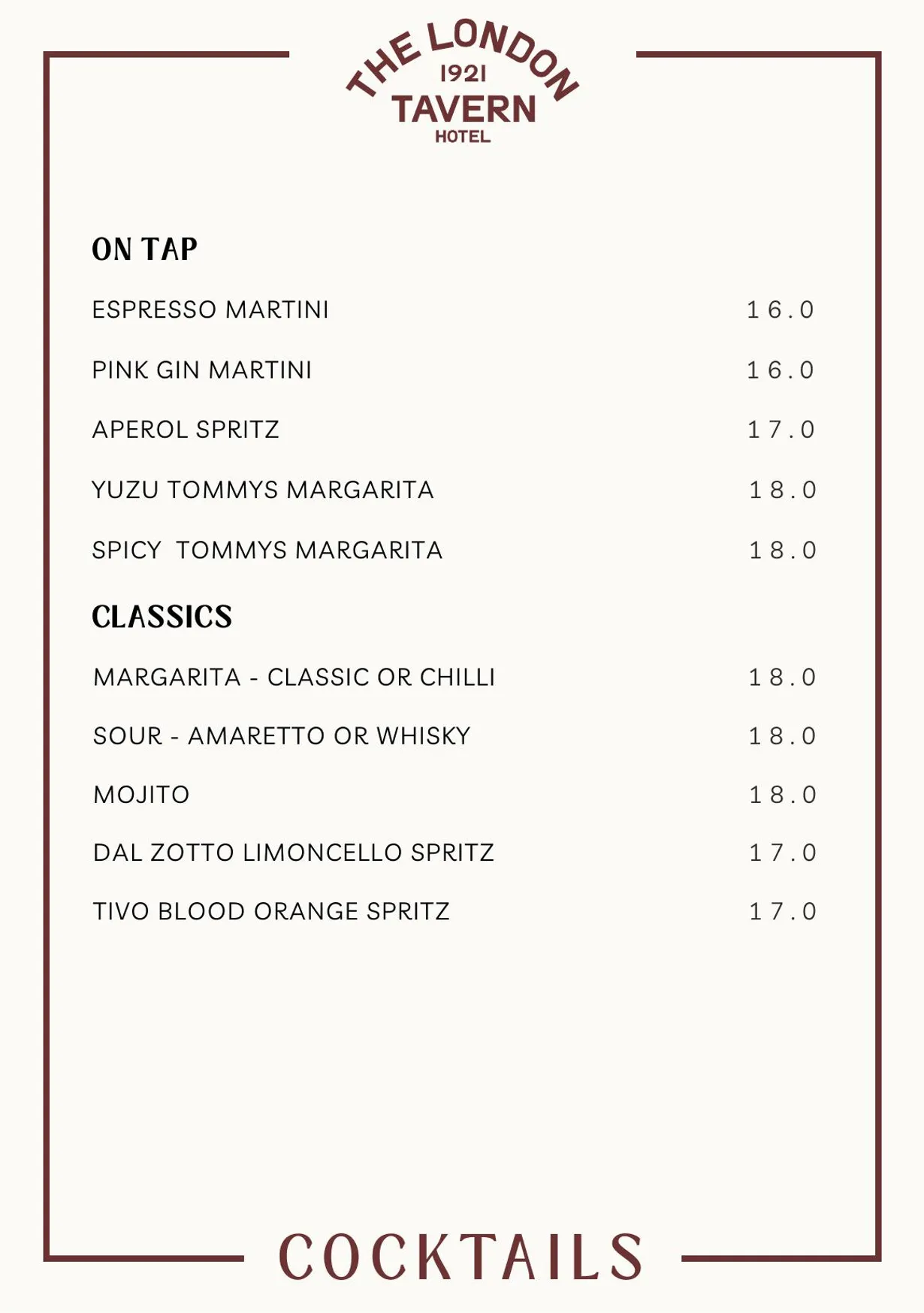 London Tavern Hotel menu, page 18