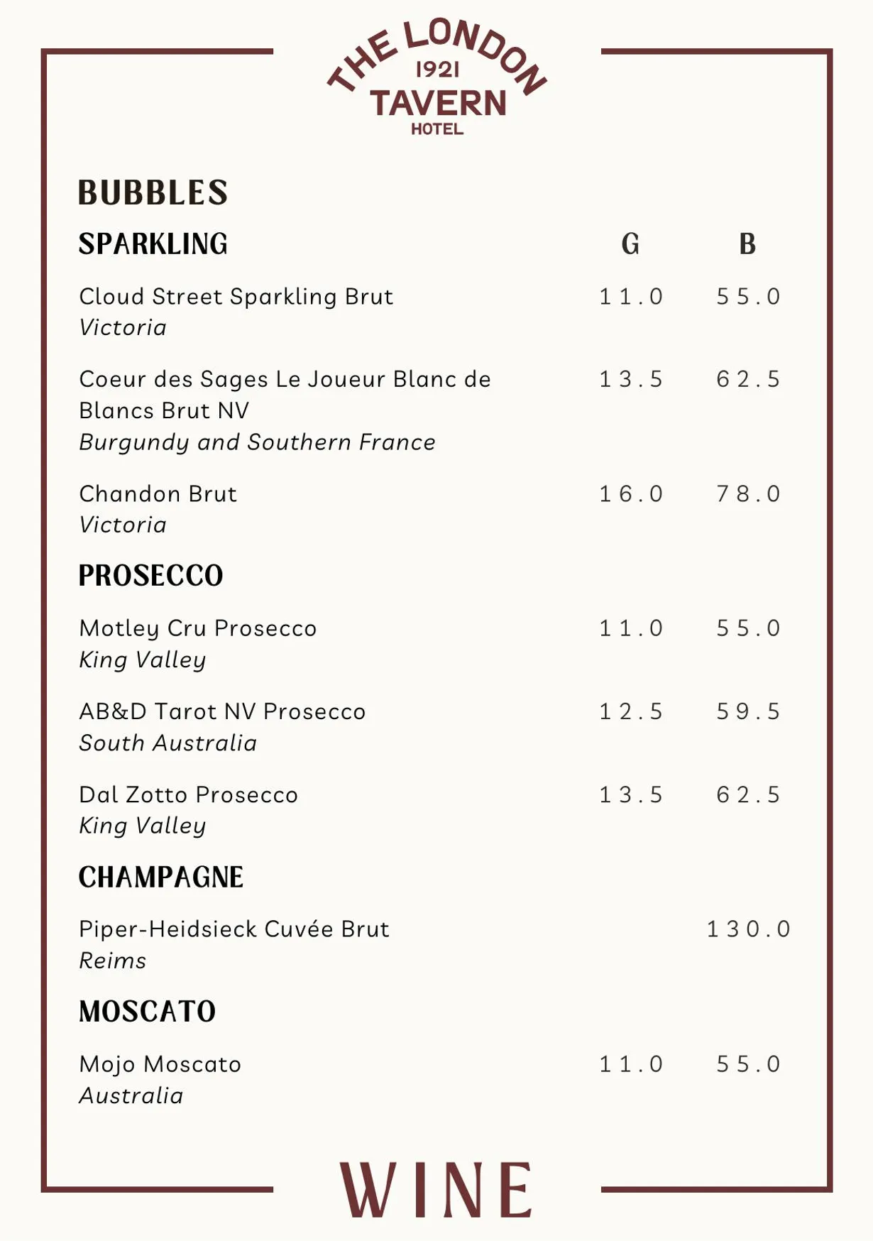 London Tavern Hotel menu, page 11