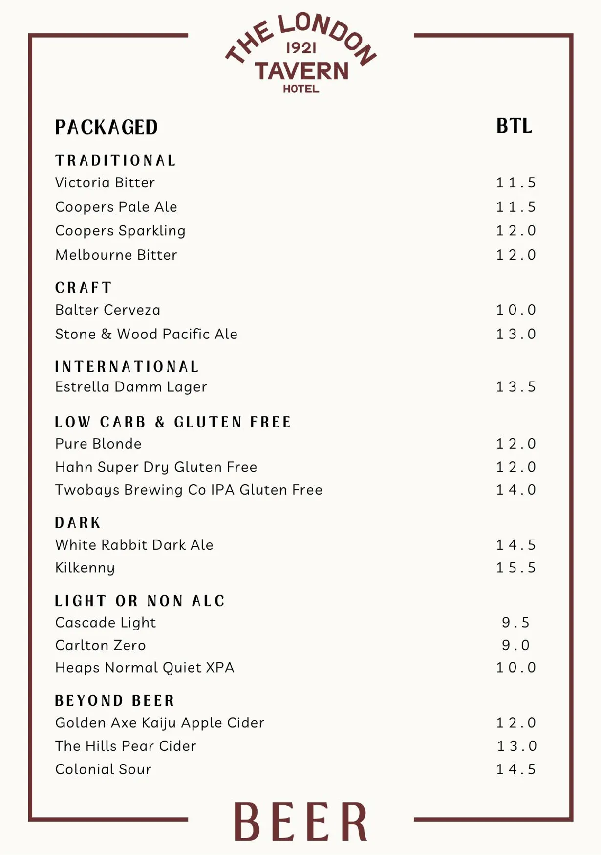 London Tavern Hotel menu, page 10
