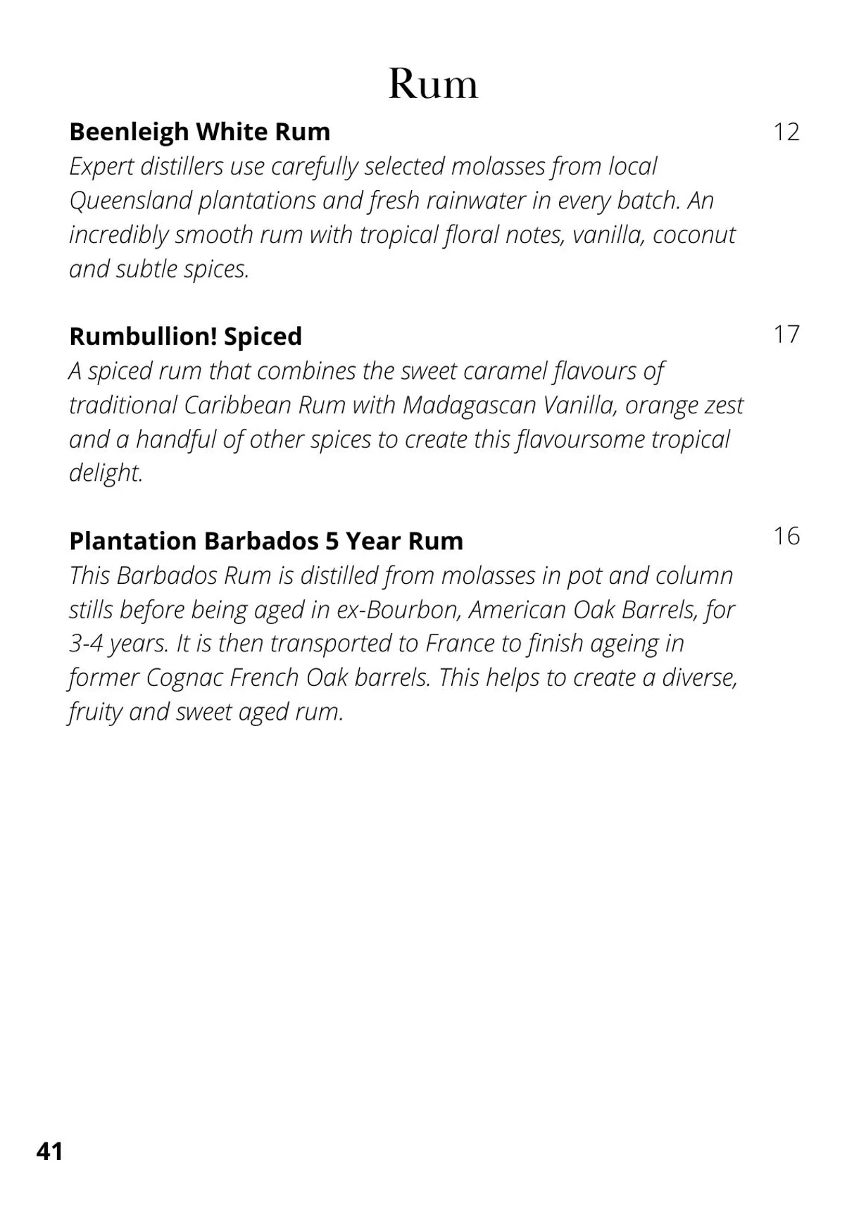 The Cowrie menu, page 47