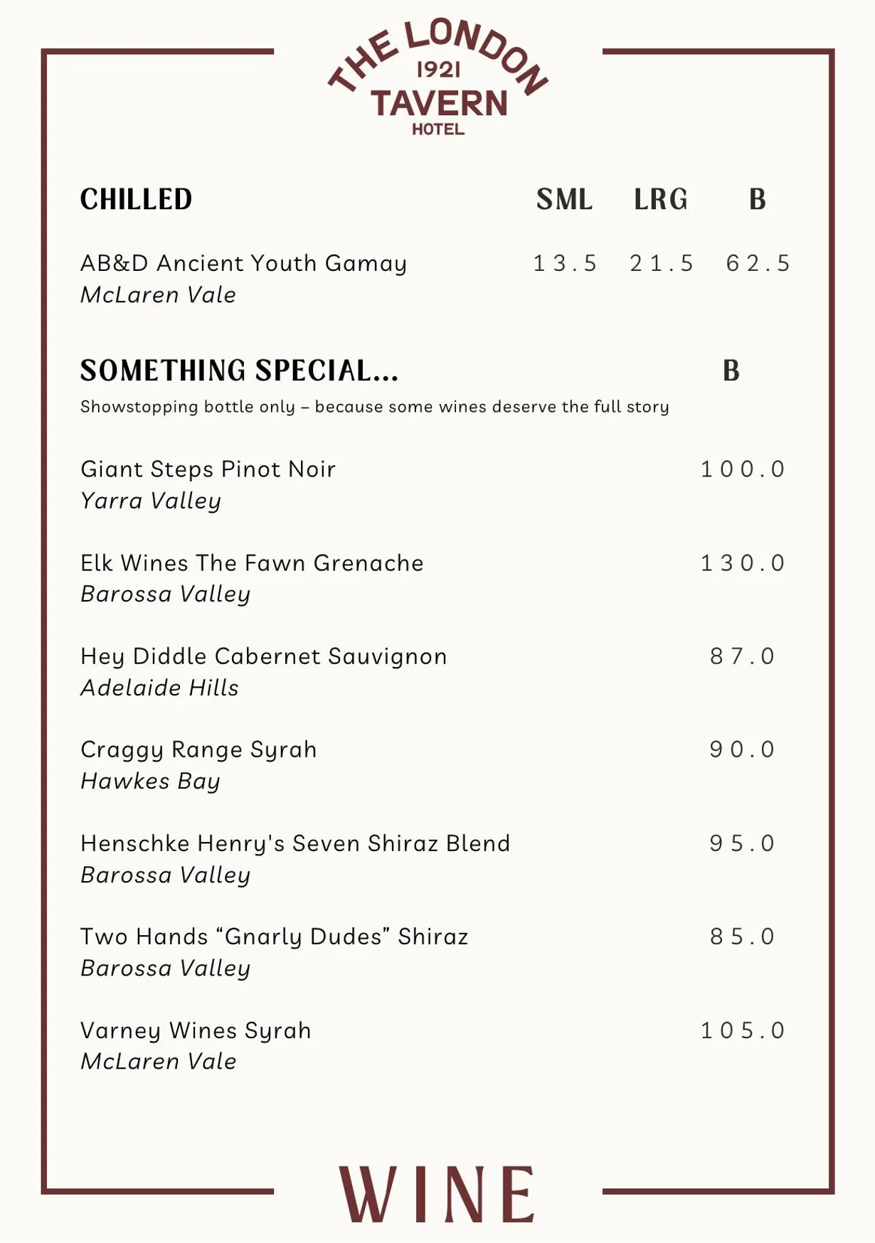 London Tavern Hotel menu, page 16