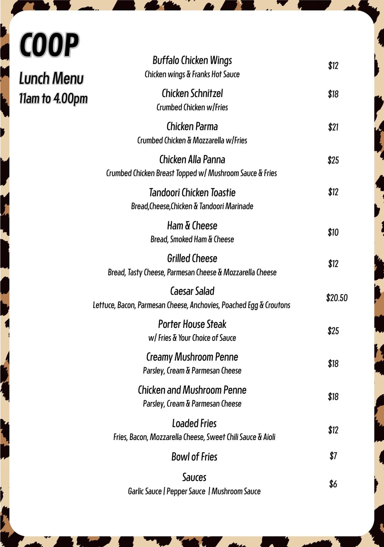 COOP Bar menu, page 3