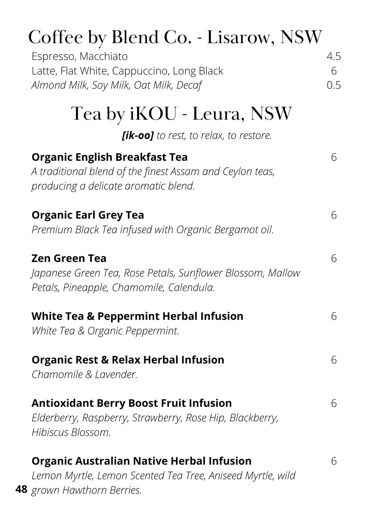 The Cowrie menu, page 54