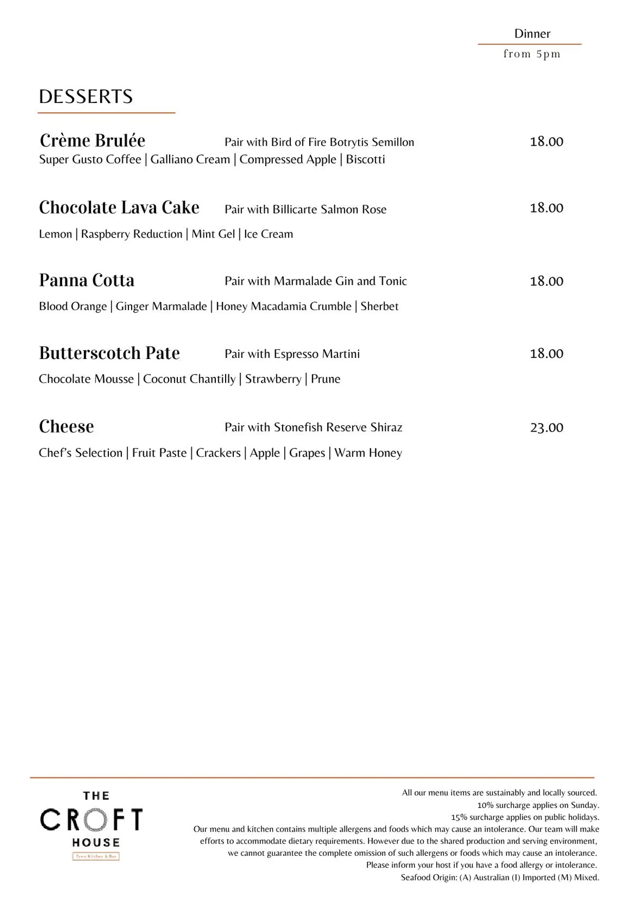 The Croft House menu, page 5