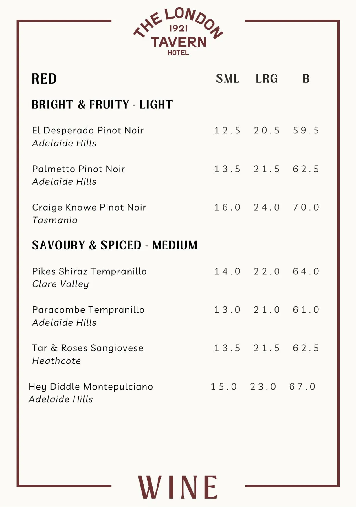 London Tavern Hotel menu, page 14
