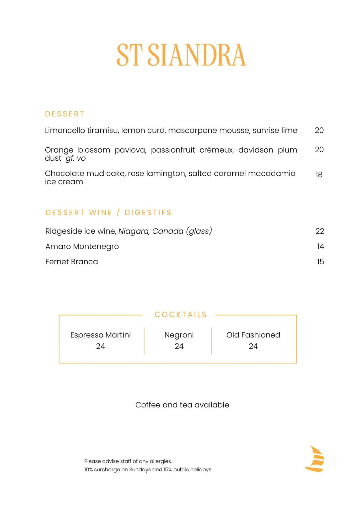 St Siandra menu, page 2