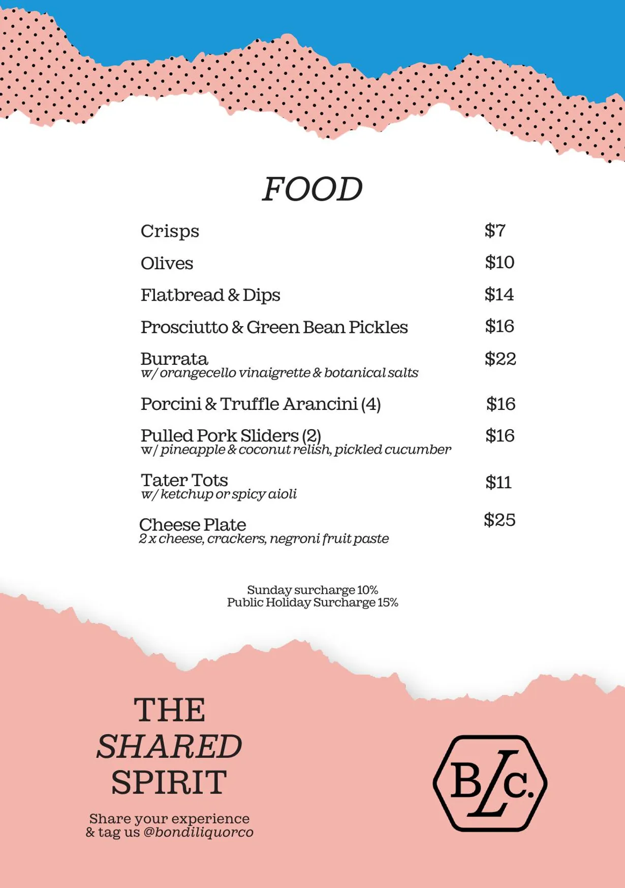 Bondi Liquor Co menu, page 1