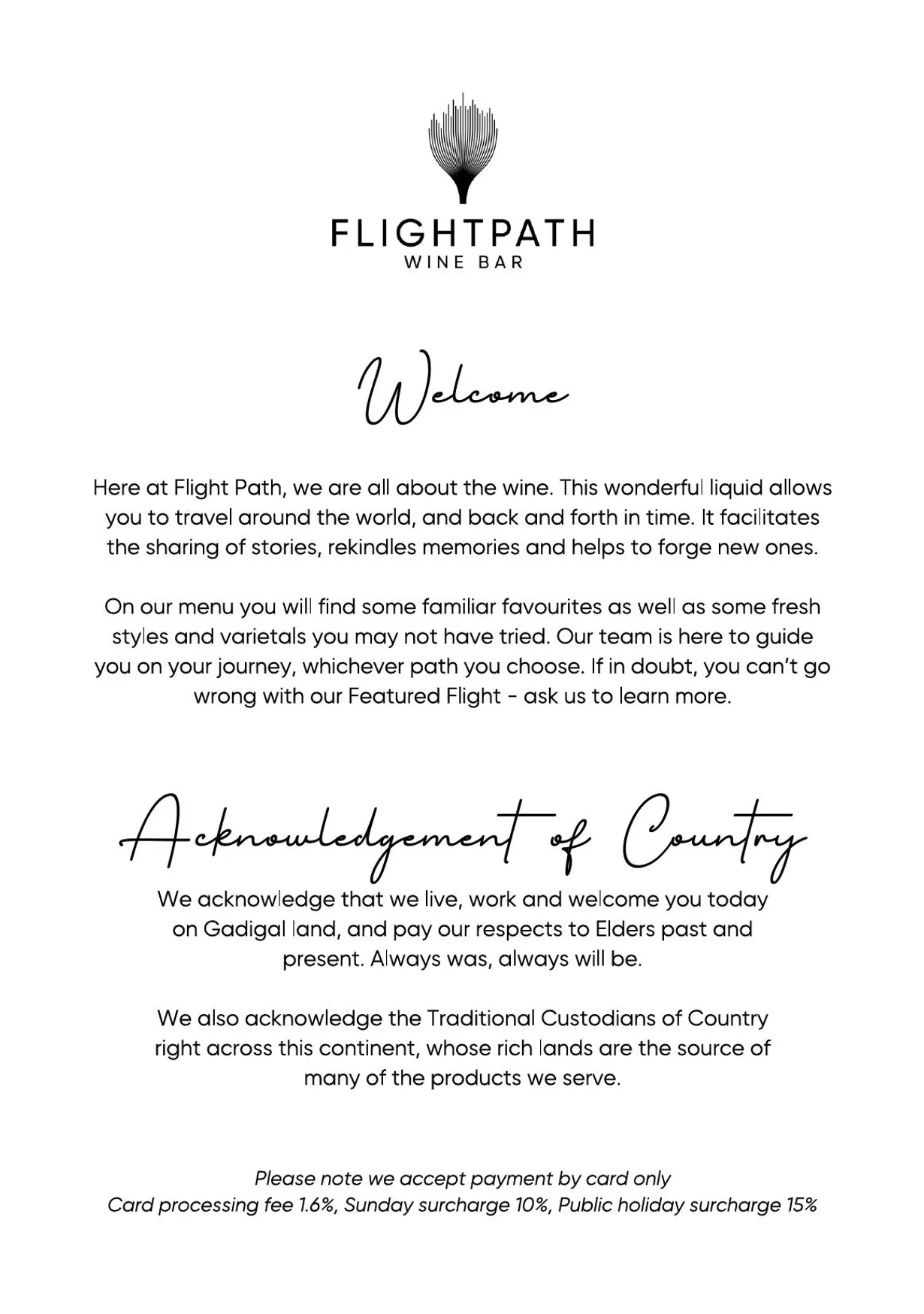 Flight Path Wine Bar menu, page 1