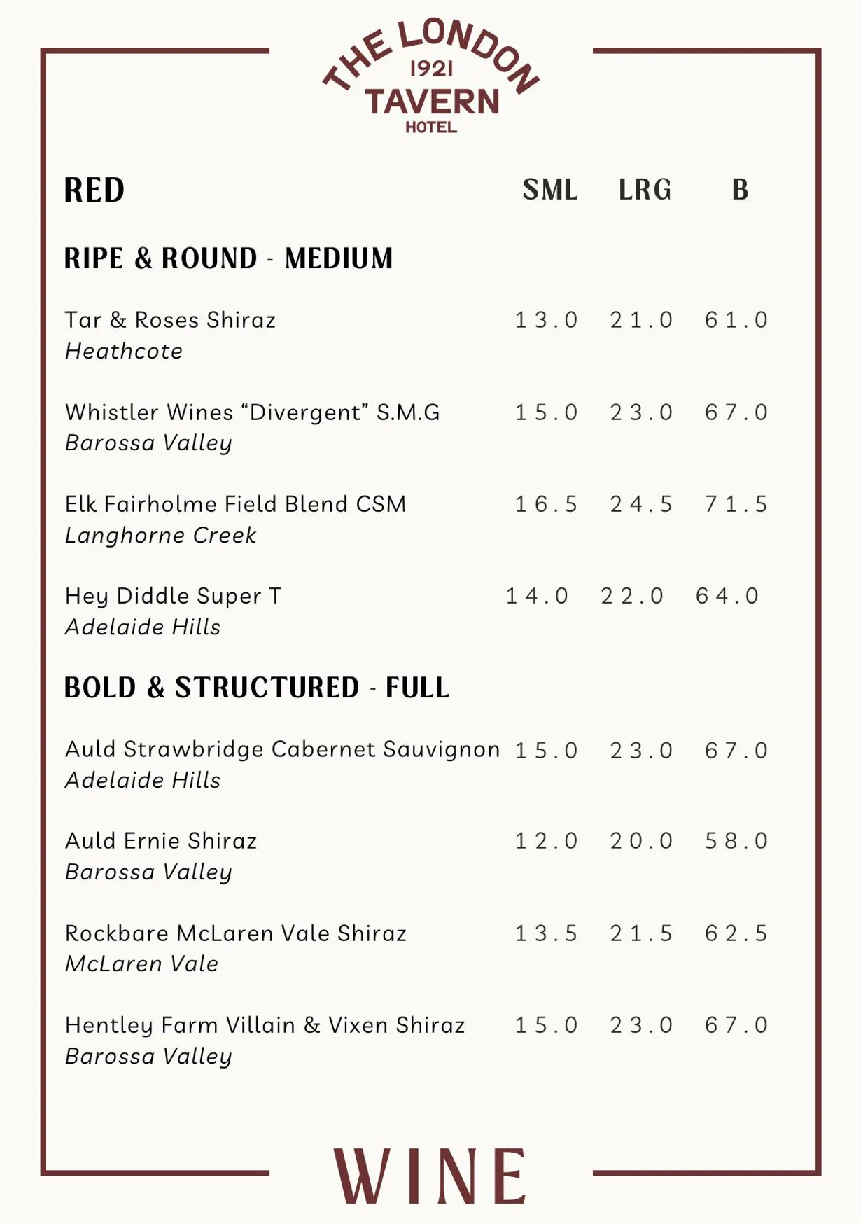 London Tavern Hotel menu, page 15