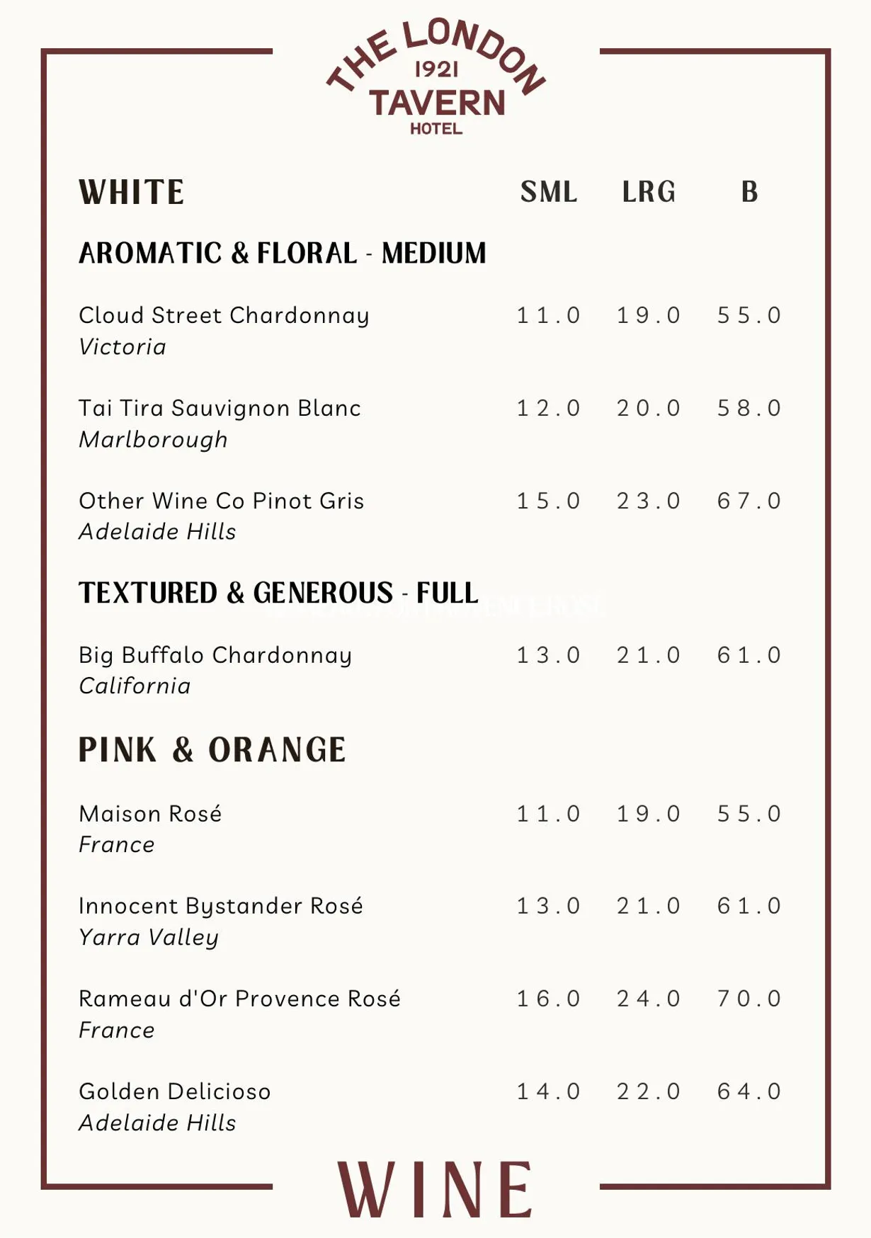 London Tavern Hotel menu, page 13