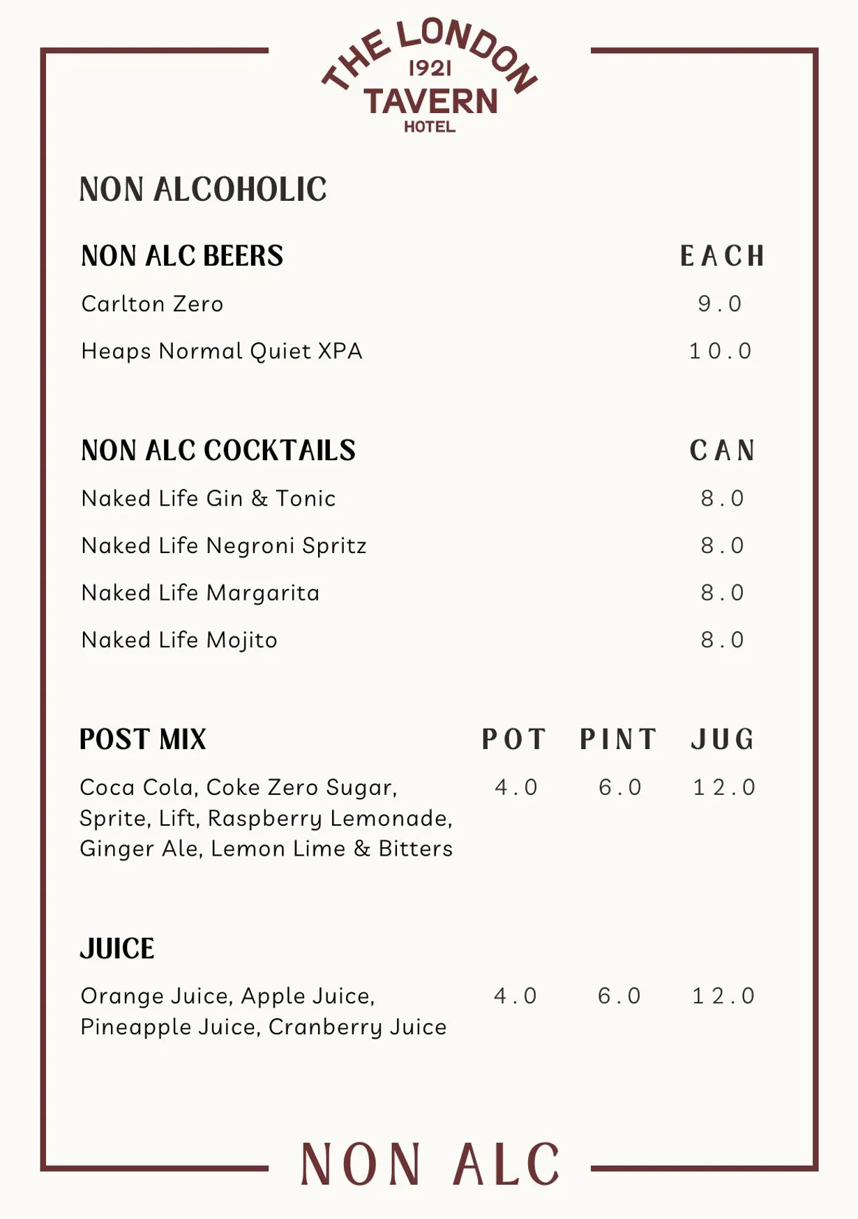 London Tavern Hotel menu, page 17