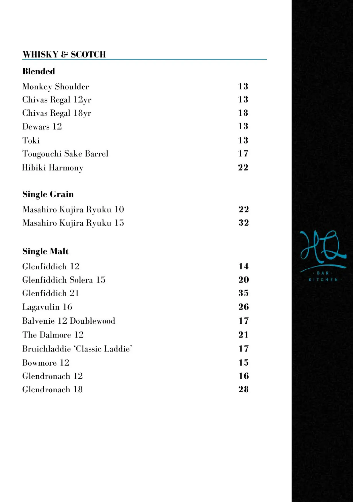 HQ Bar + Kitchen menu, page 12