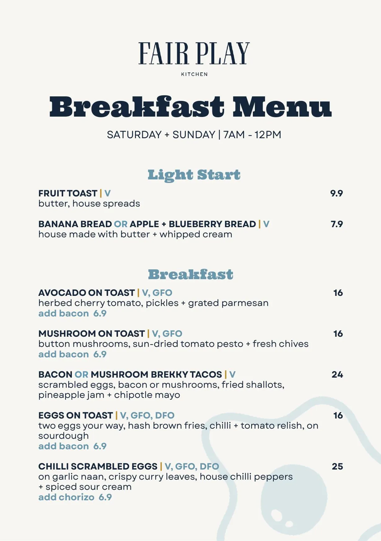 Fair Play Kitchen menu, page 2