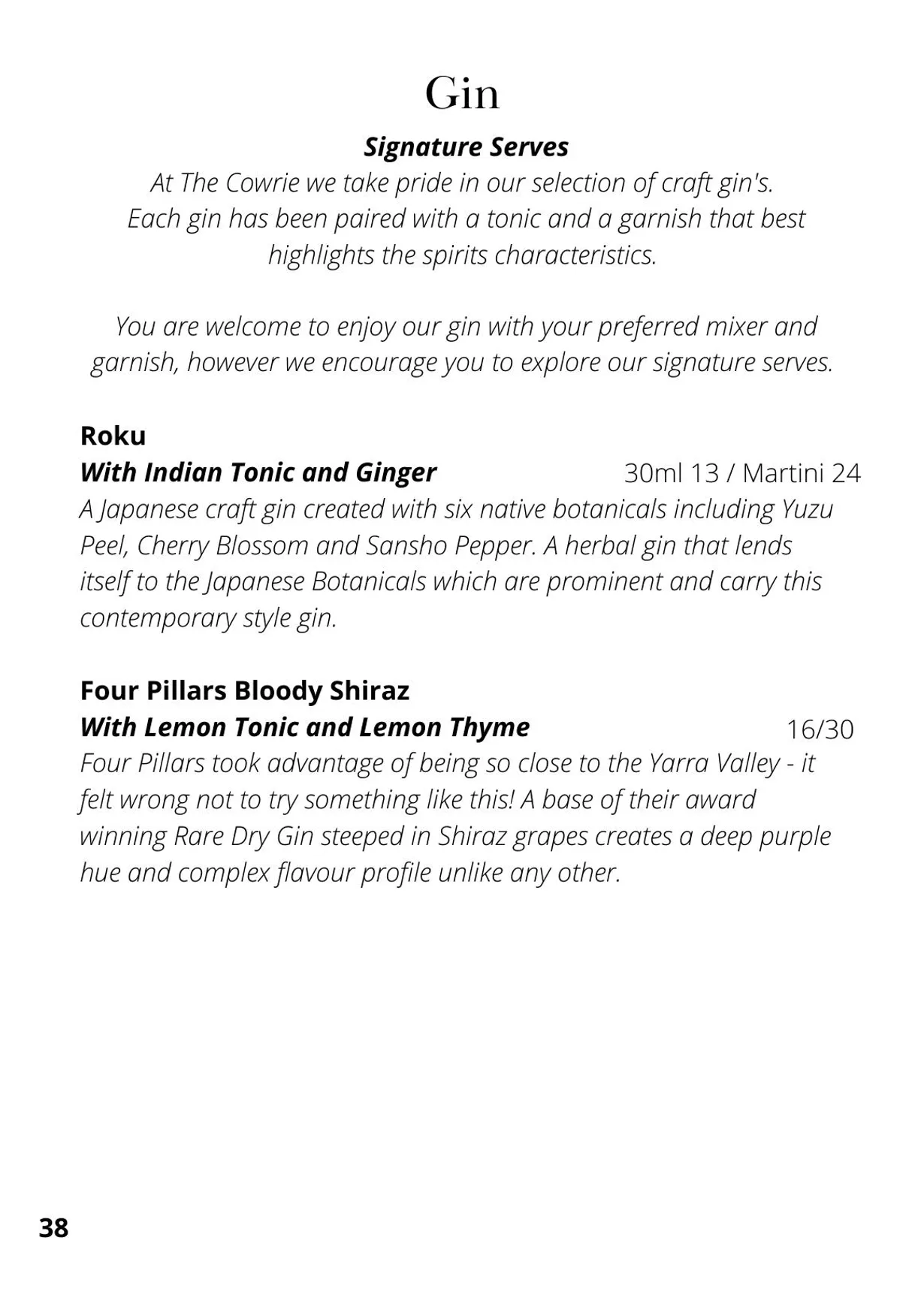 The Cowrie menu, page 44