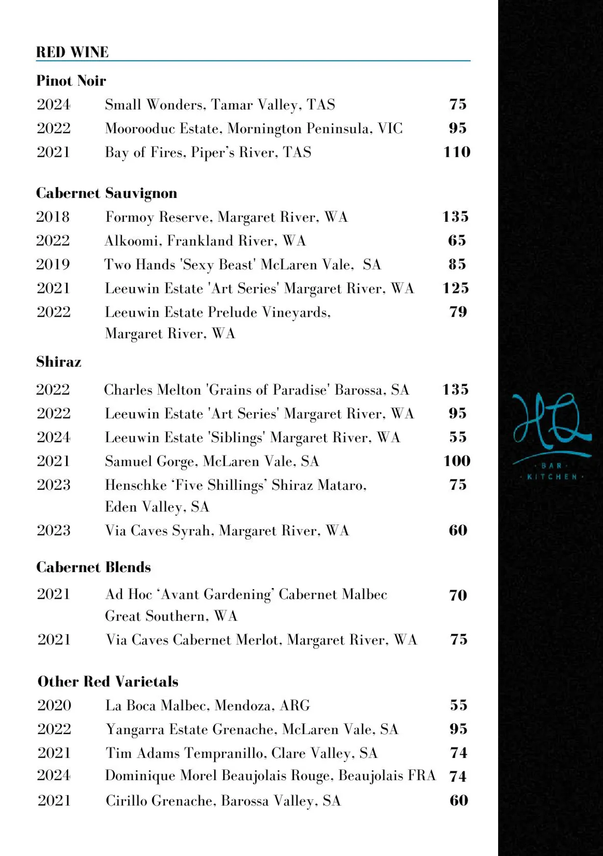 HQ Bar + Kitchen menu, page 9