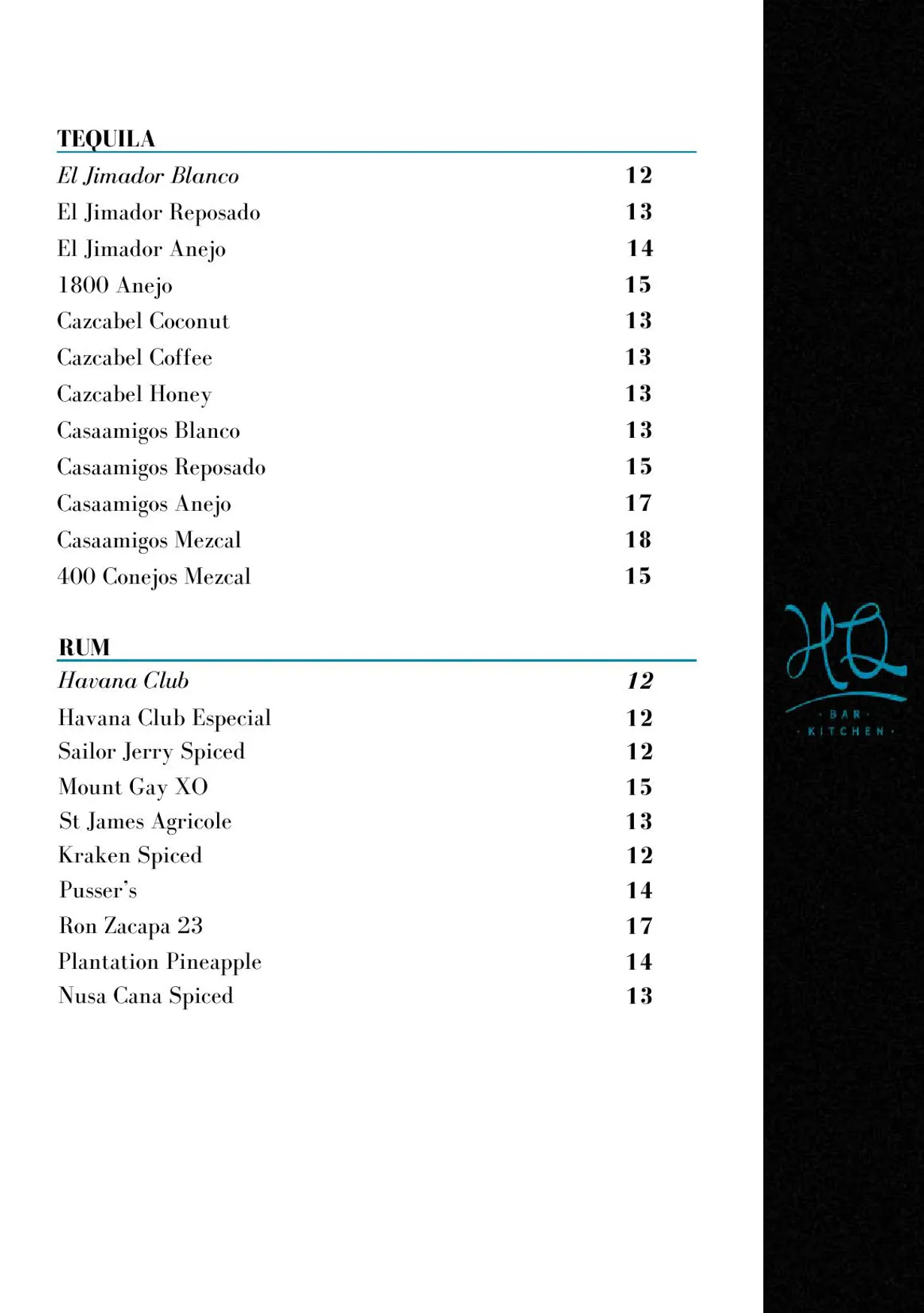 HQ Bar + Kitchen menu, page 13