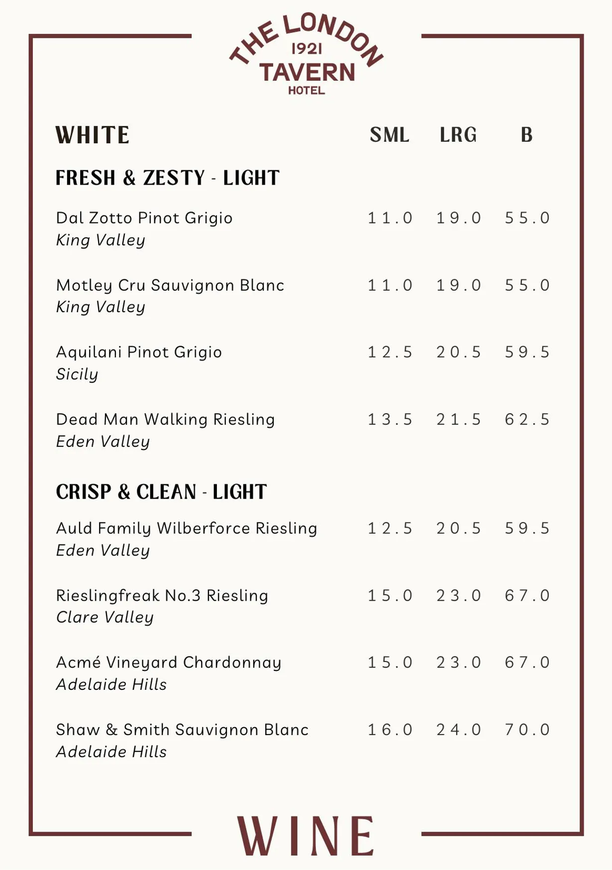 London Tavern Hotel menu, page 12