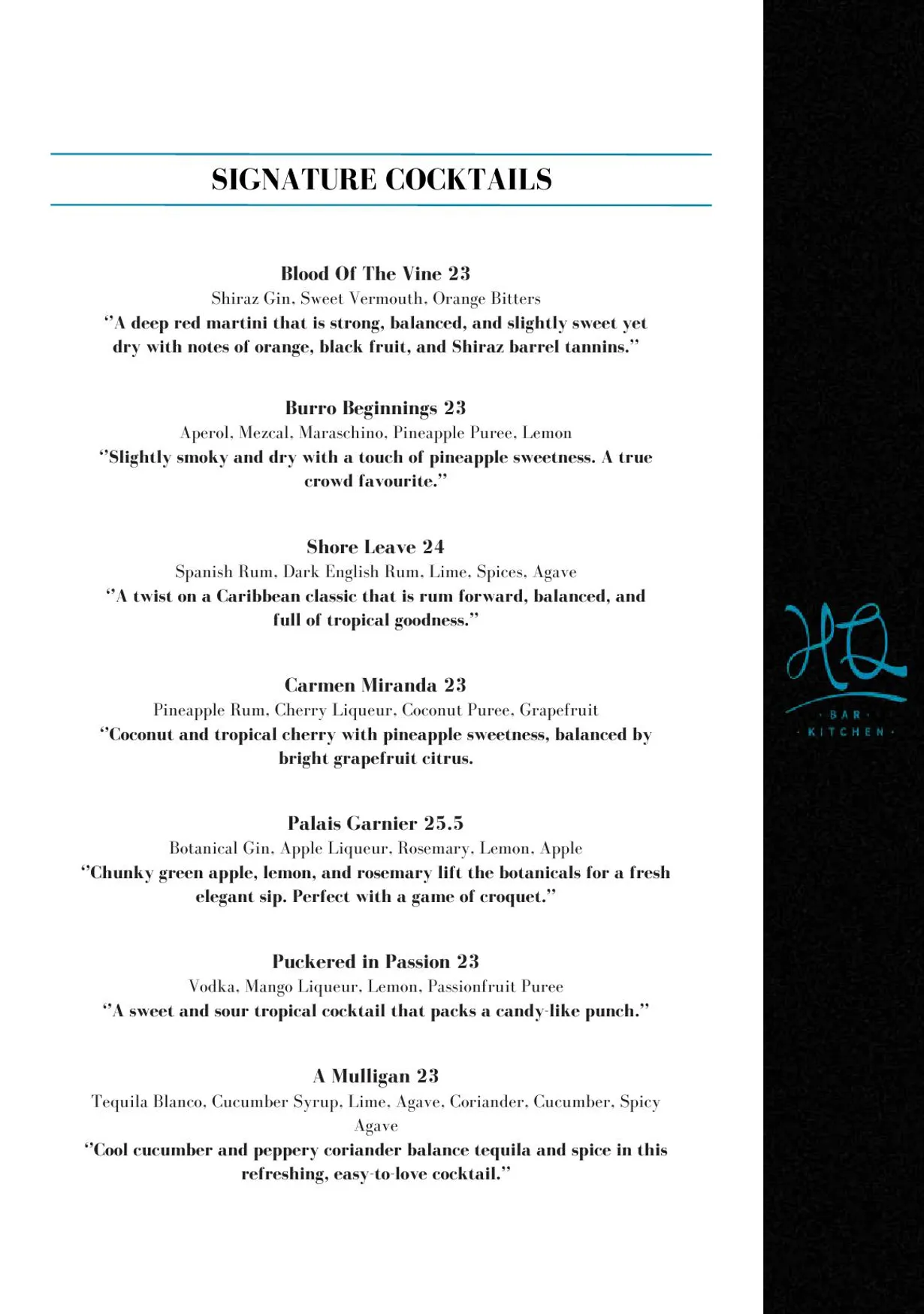 HQ Bar + Kitchen menu, page 3