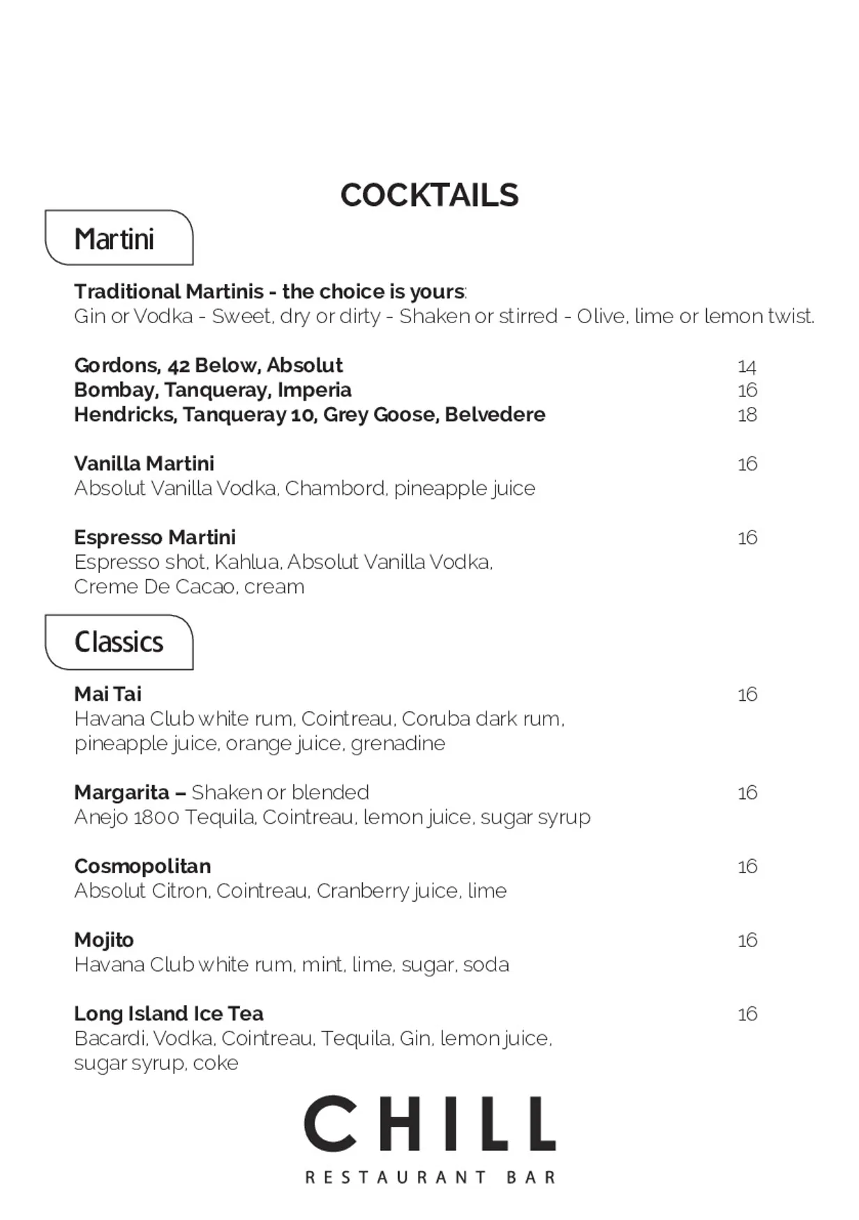 Chill Restaurant & Bar menu, page 9