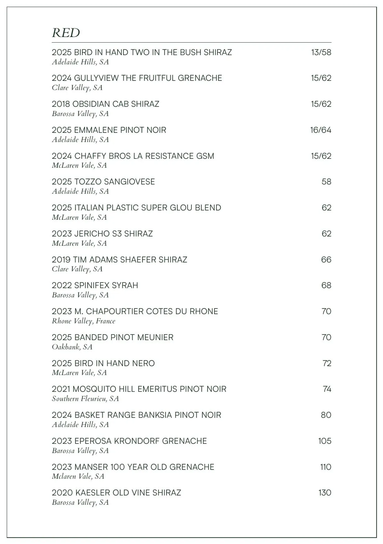 Electra menu, page 15