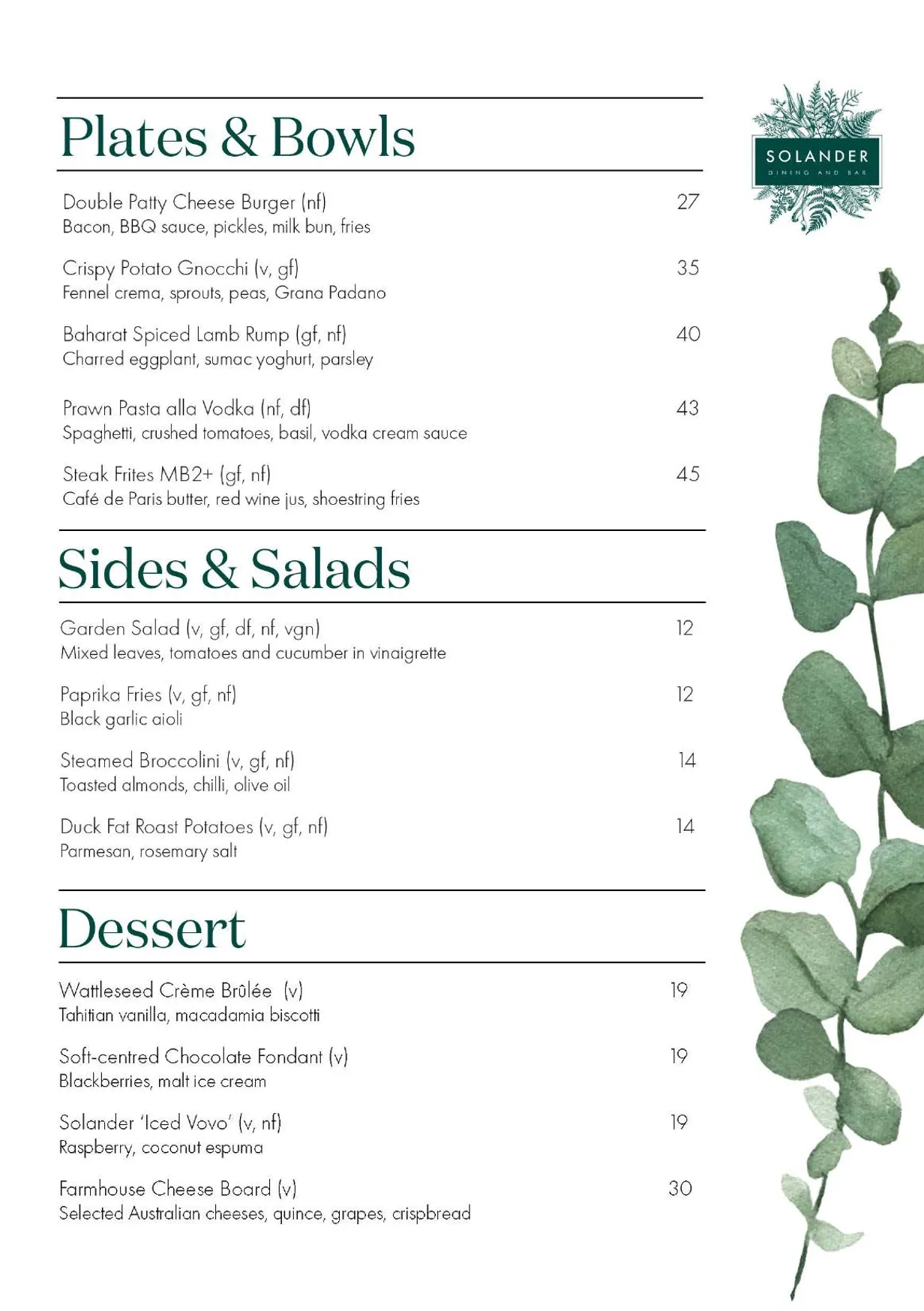 Solander Dining and Bar menu, page 1