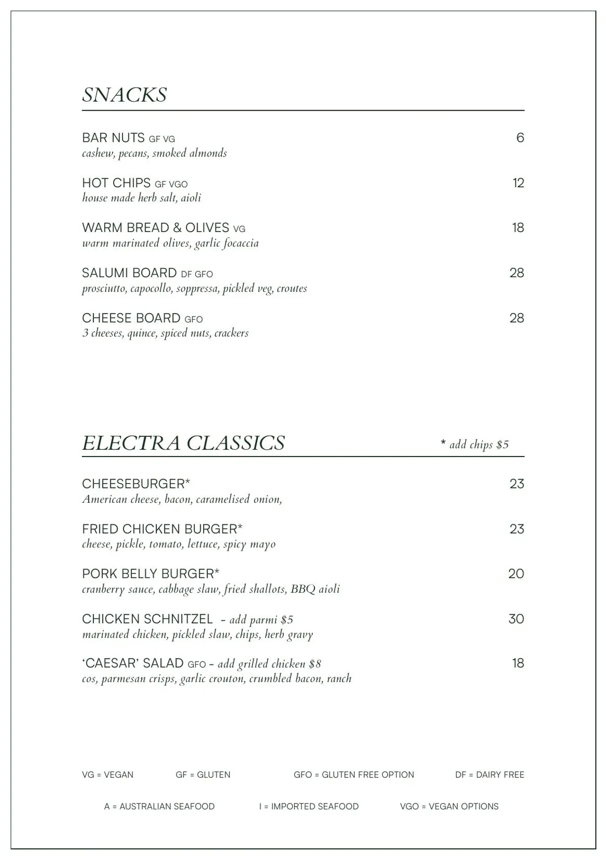 Electra menu, page 5