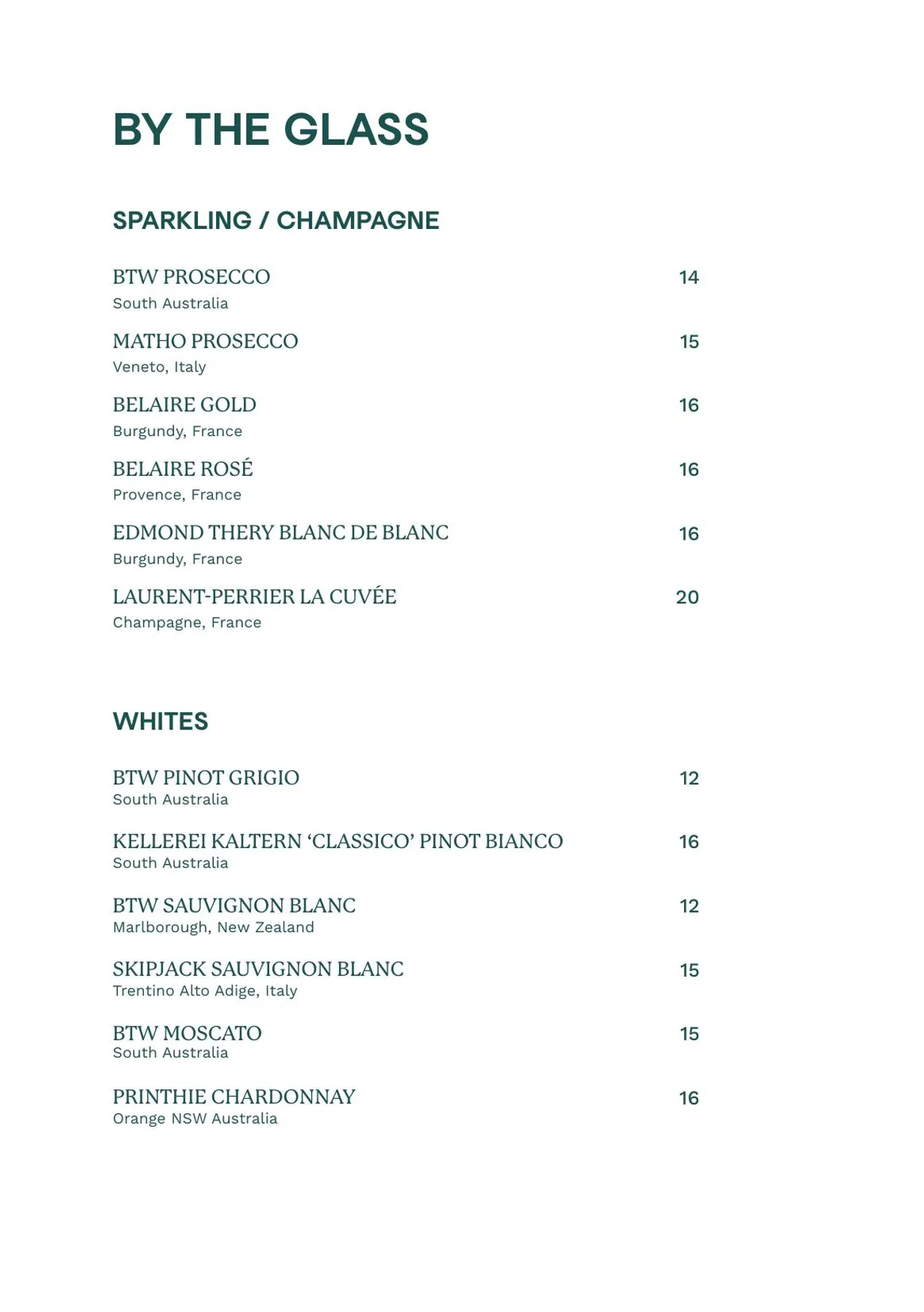 Urban Winery menu, page 2