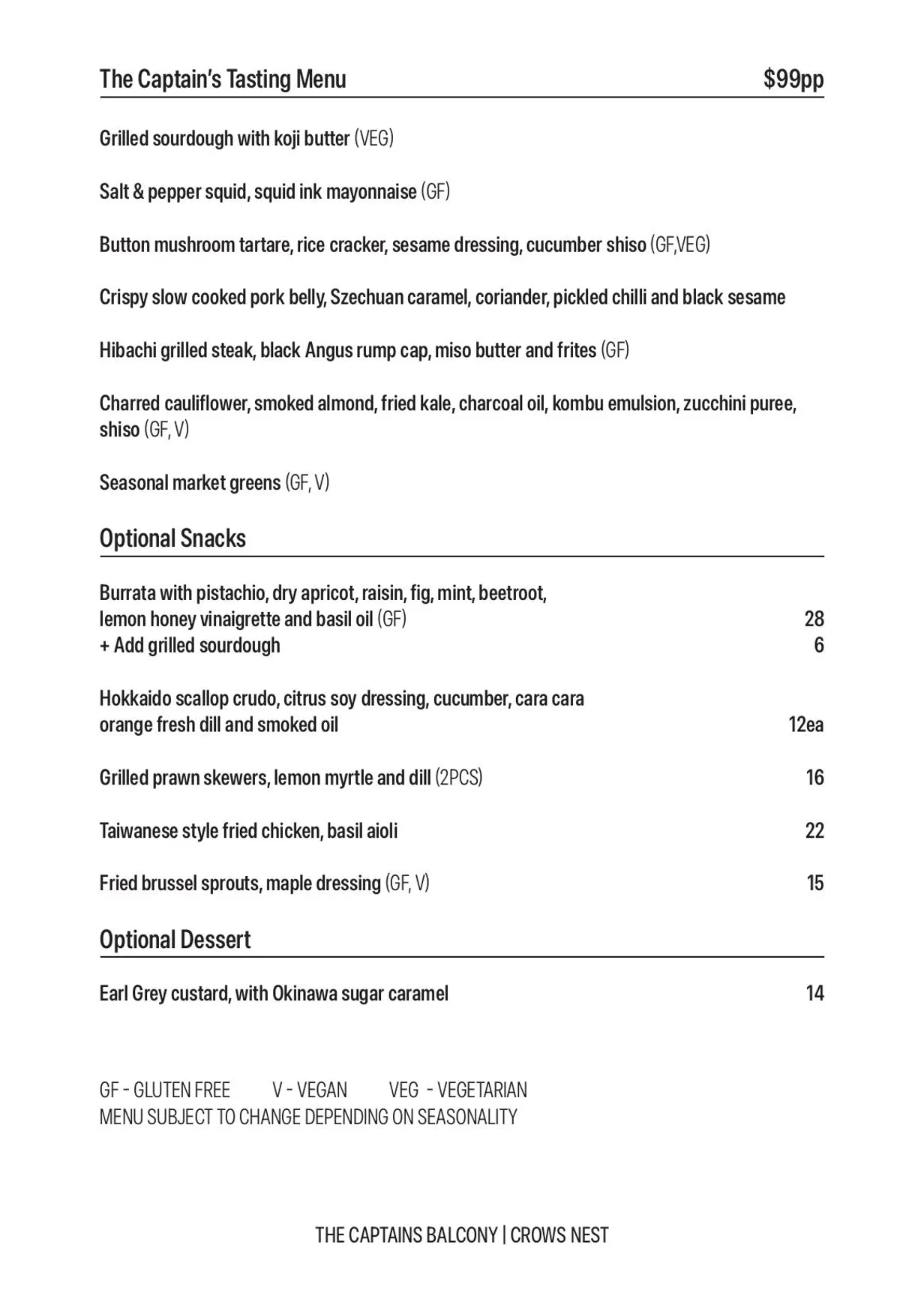 The Captain's Balcony menu, page 2