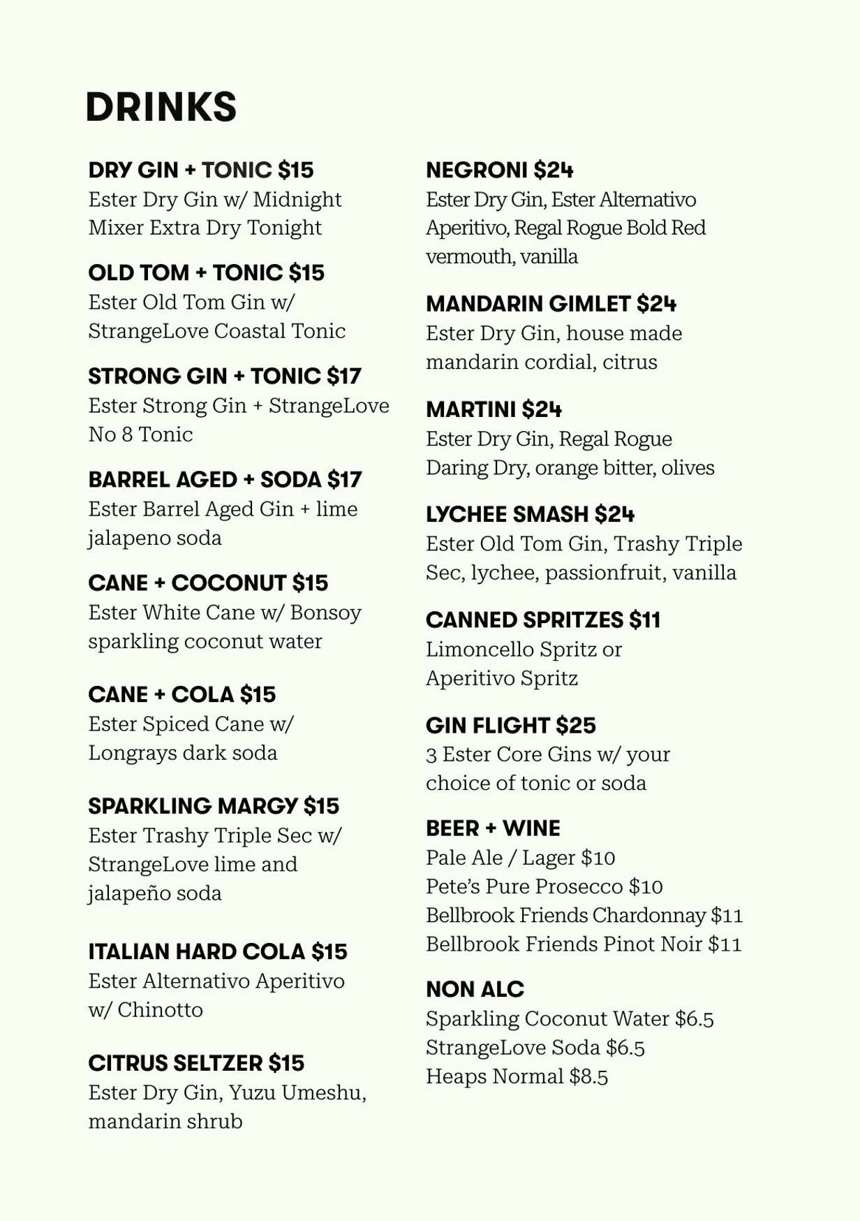 Ester Spirits Distillery menu, page 1