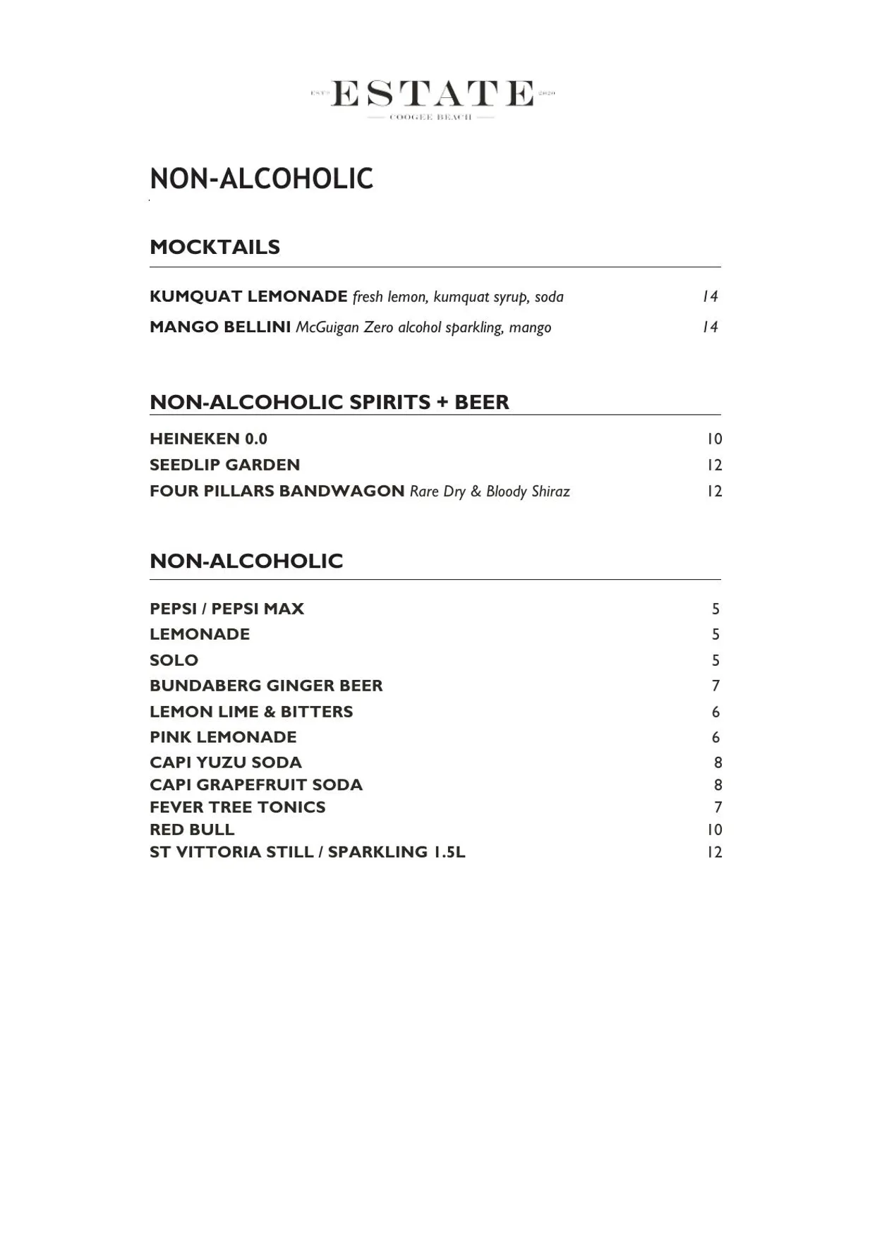 Estate Coogee menu, page 4