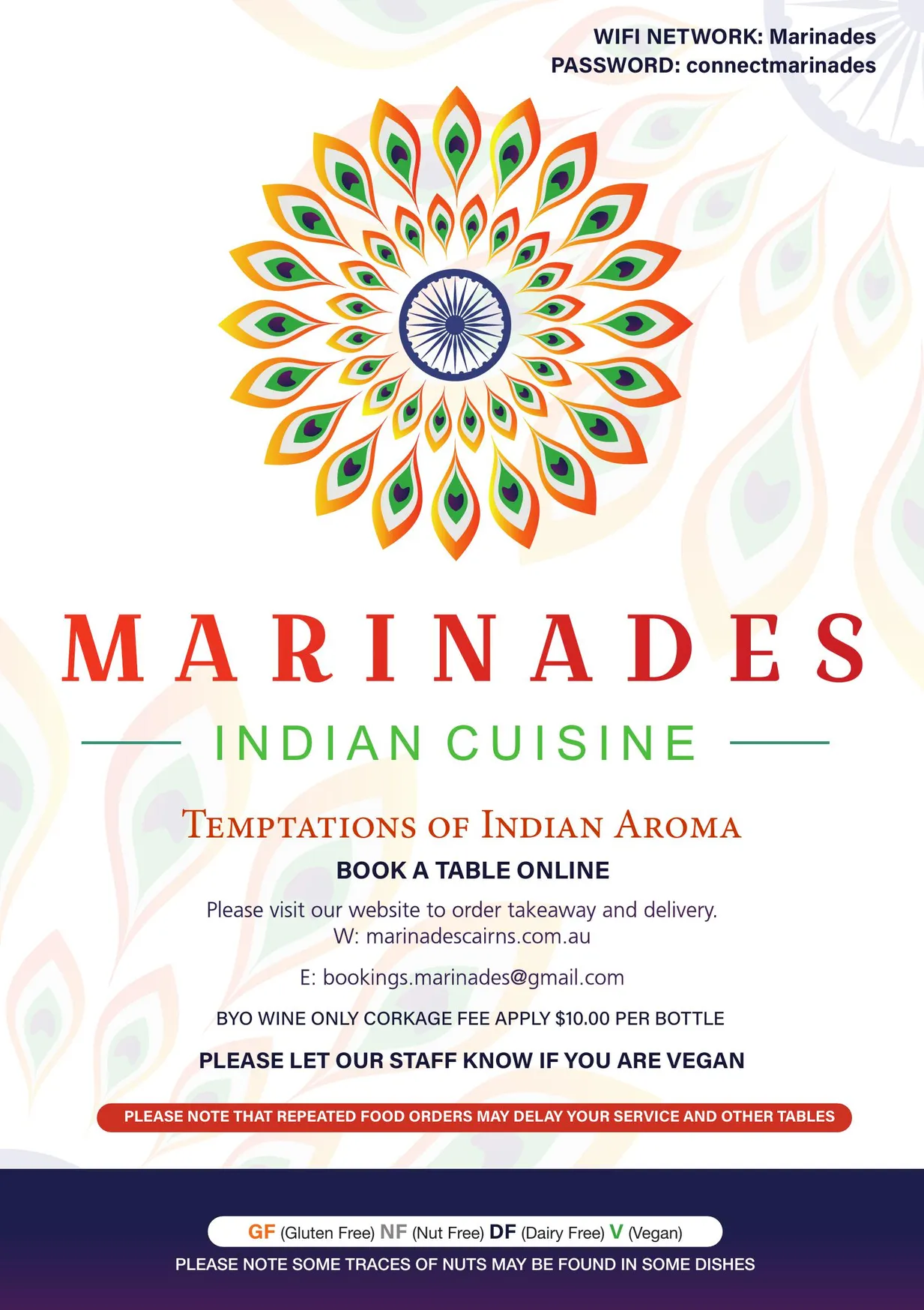 Marinades Indian Cuisine menu, page 1
