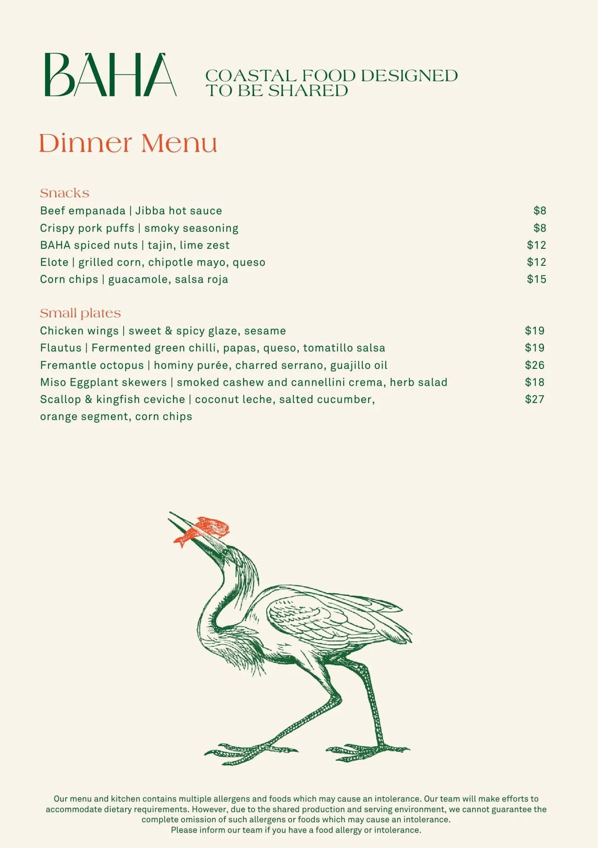 BAHA Poolside Bar & Kitchen menu, page 1